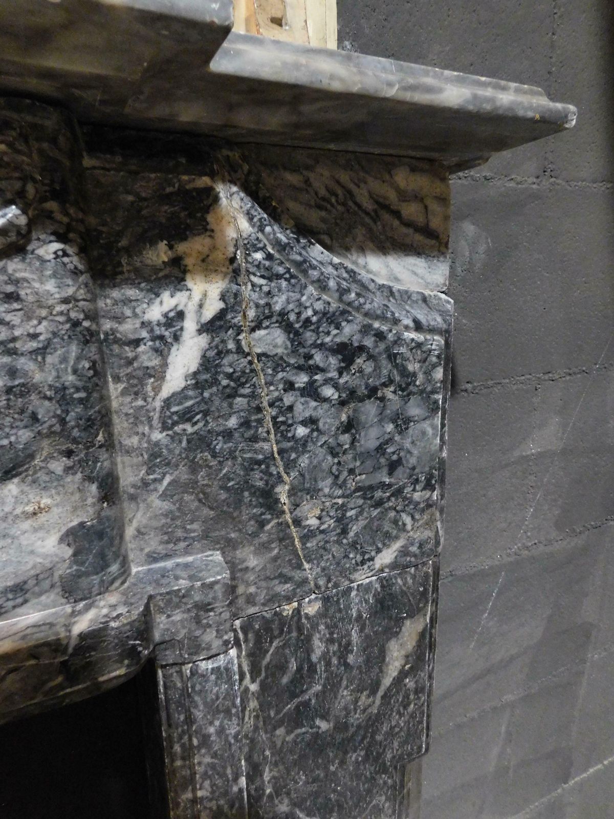 photo for sale Fireplace Mantle In Fine Gray Marble With White Veins, Carved, Italy