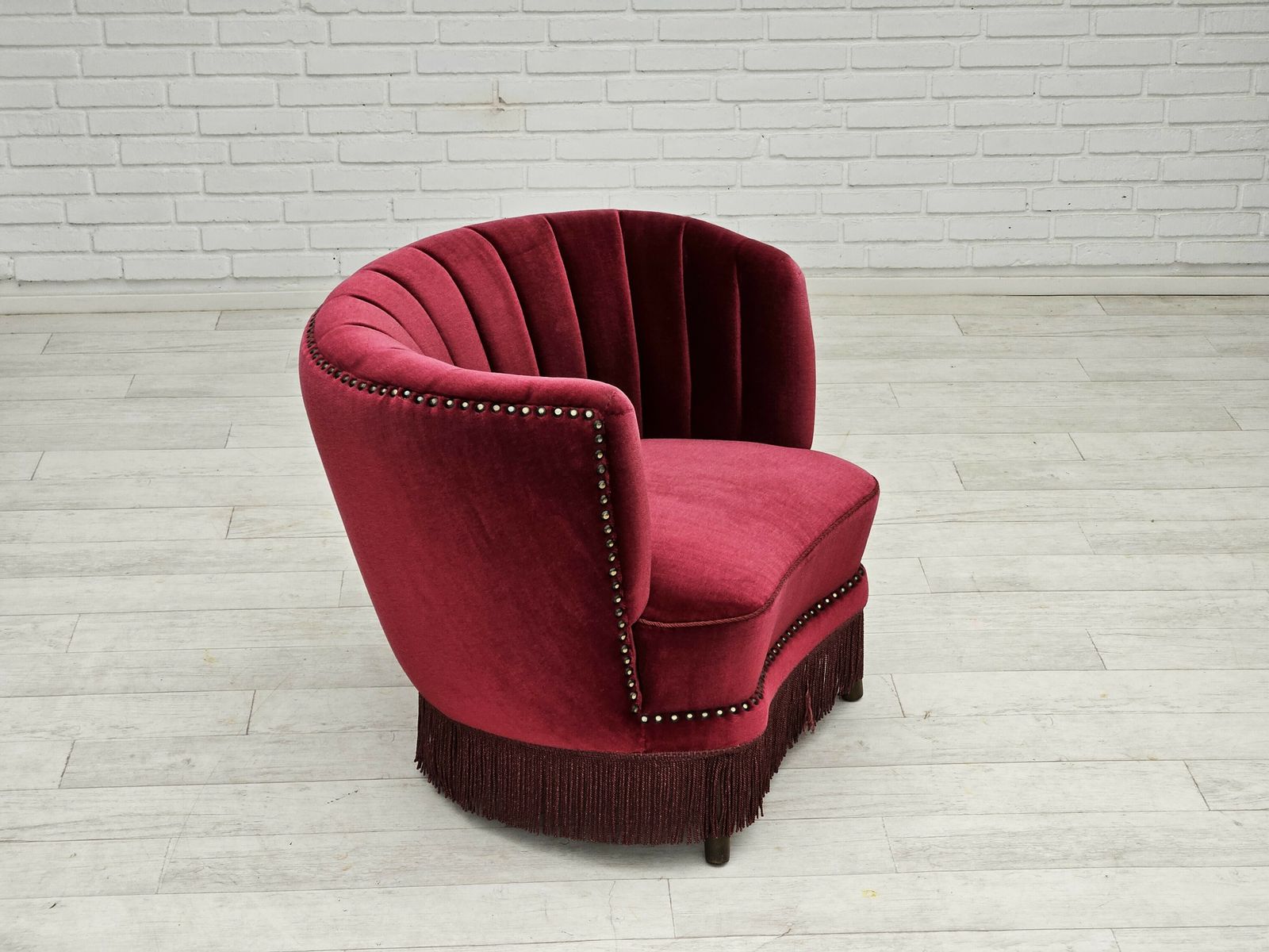 1970s, Danish Lounge Chair, Original Condition, Cherry Red Velour Fabric. photo vinterior