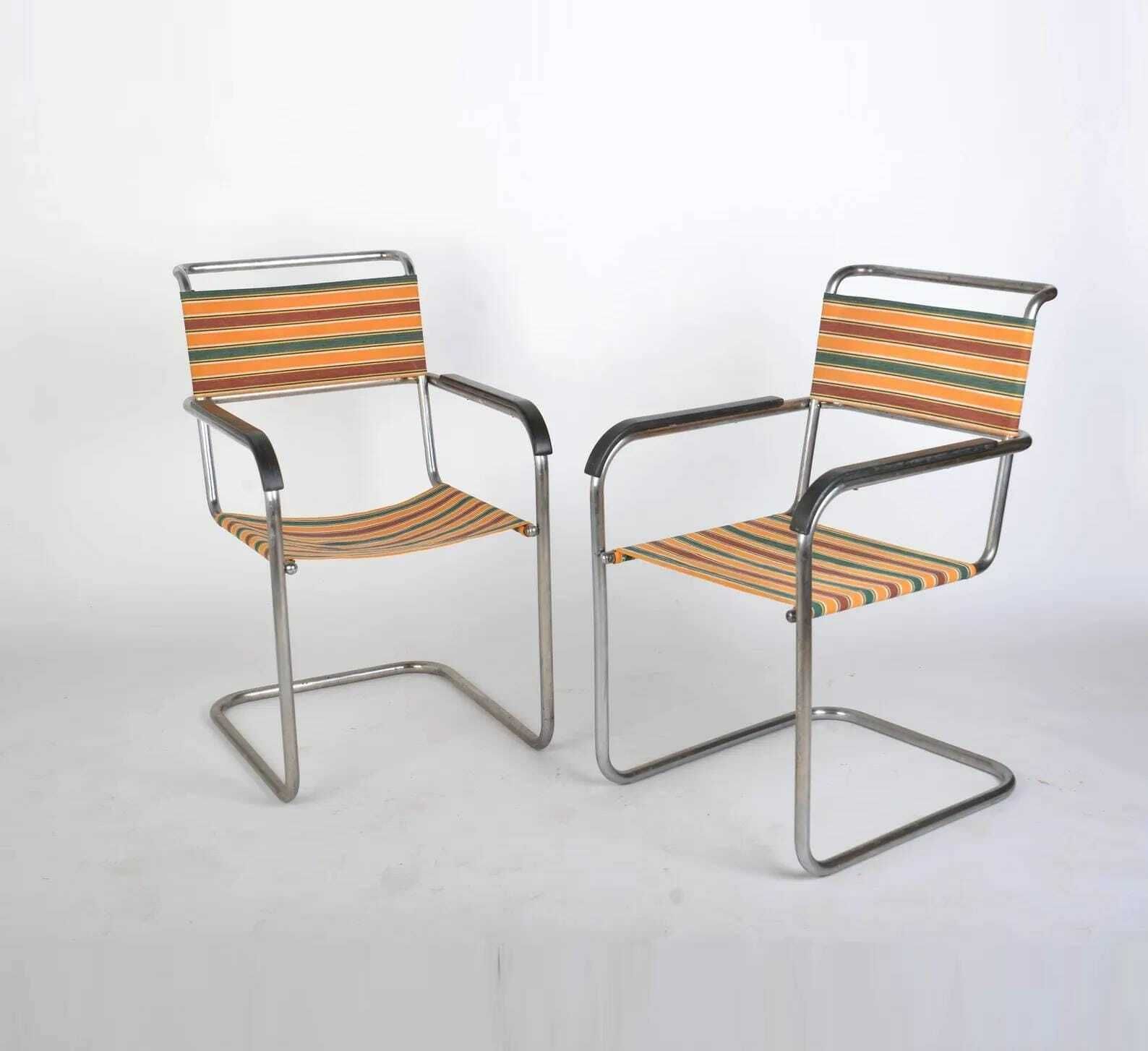 Bauhaus Tubular Steel Armchairs B34 By Marcel Breuer, 1930s – Chromed Tubular Steel, Perfect For Mid Century Modern Homes, Thonet Bauhaus