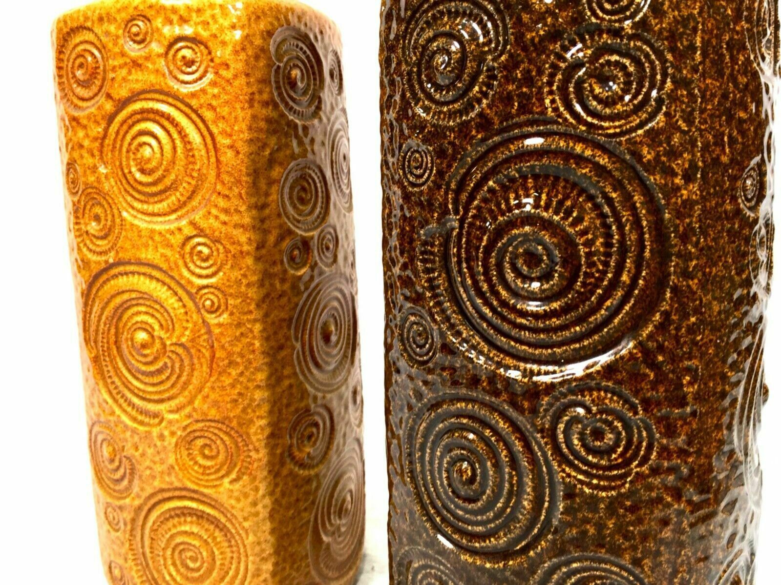 Vintage West German Pottery Vase Pair / Large / Brown & Mustard / Retro 1970s photo for sale