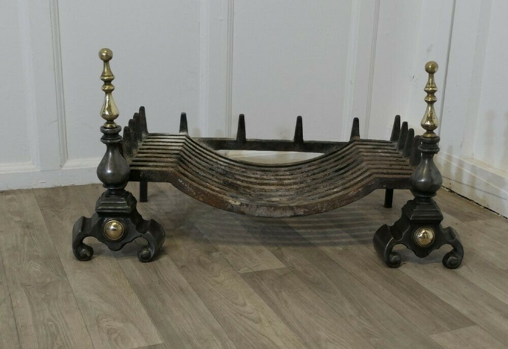 Large Polished Steel And Brass Log Grate On Andirons
