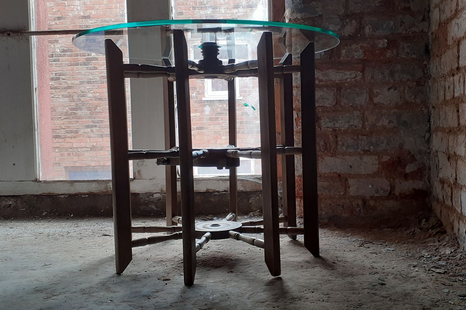 Unique Glass Topped Table. Industrial, Aged Base With New Safety Glass Top. photo vintage