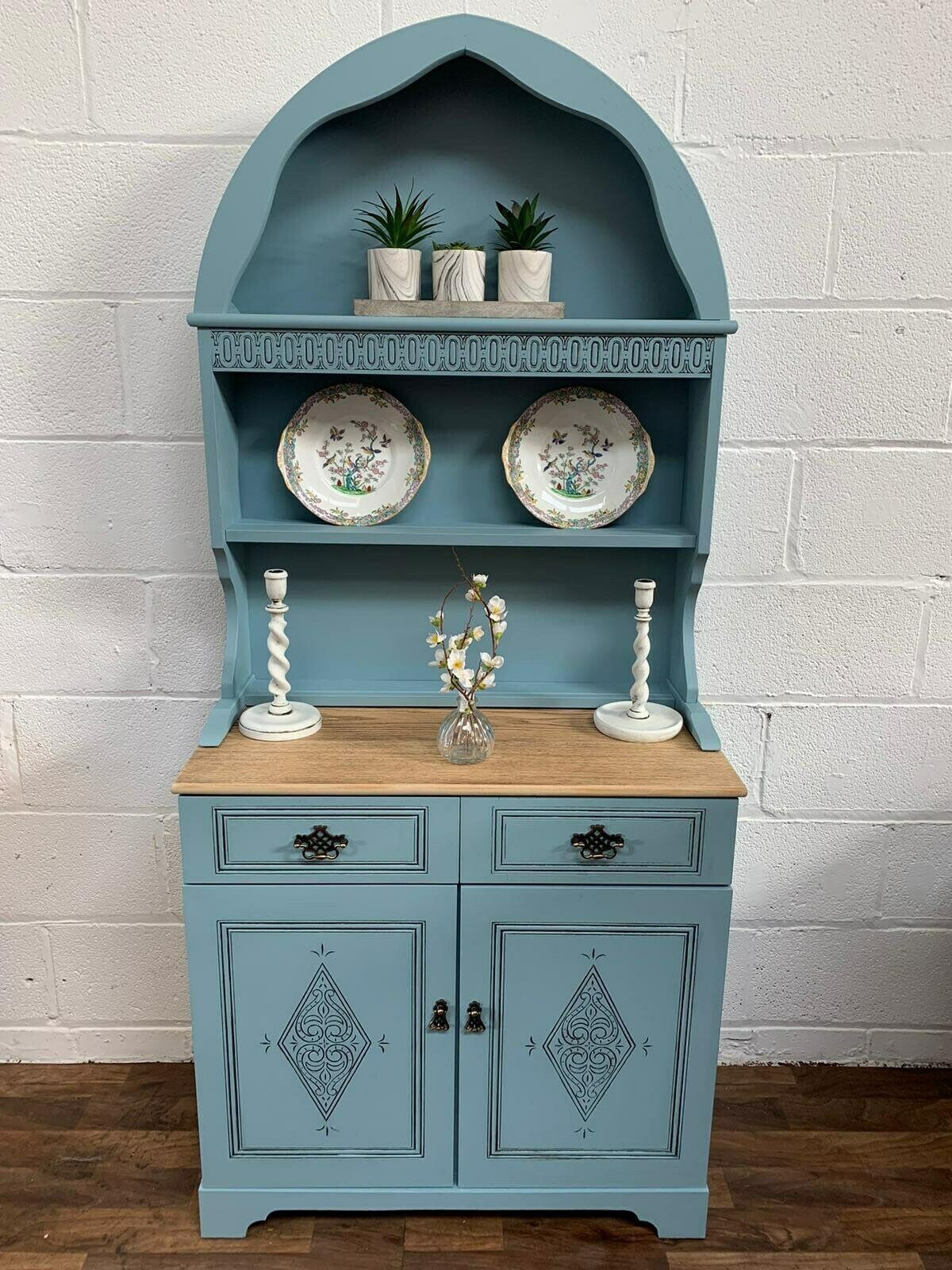 Custom Painted Upcycled And Wallpapered Small Vintage/Pine Kitchen Dutch Curved Dressers With Plate Racks & Storage Fusion Mineral Paint photo for sale