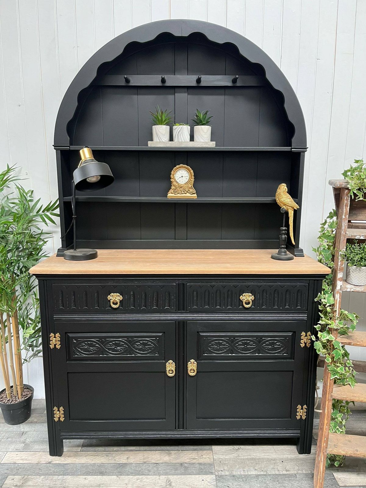 Custom Painted Upcycled And Wallpapered Small Vintage/Pine Kitchen Dutch Curved Dressers With Plate Racks & Storage Fusion Mineral Paint photo vintage
