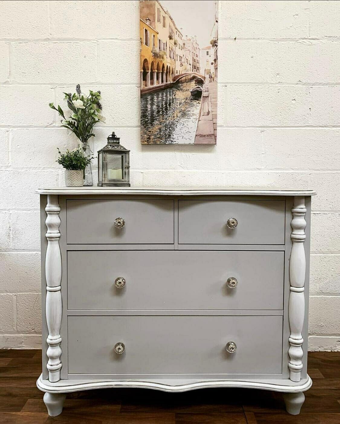Lovely Bespoke/Custom Hand Painted To Order Medium Solid Wood Chest Of Drawers Blue With Gold Stencilling photo for sale