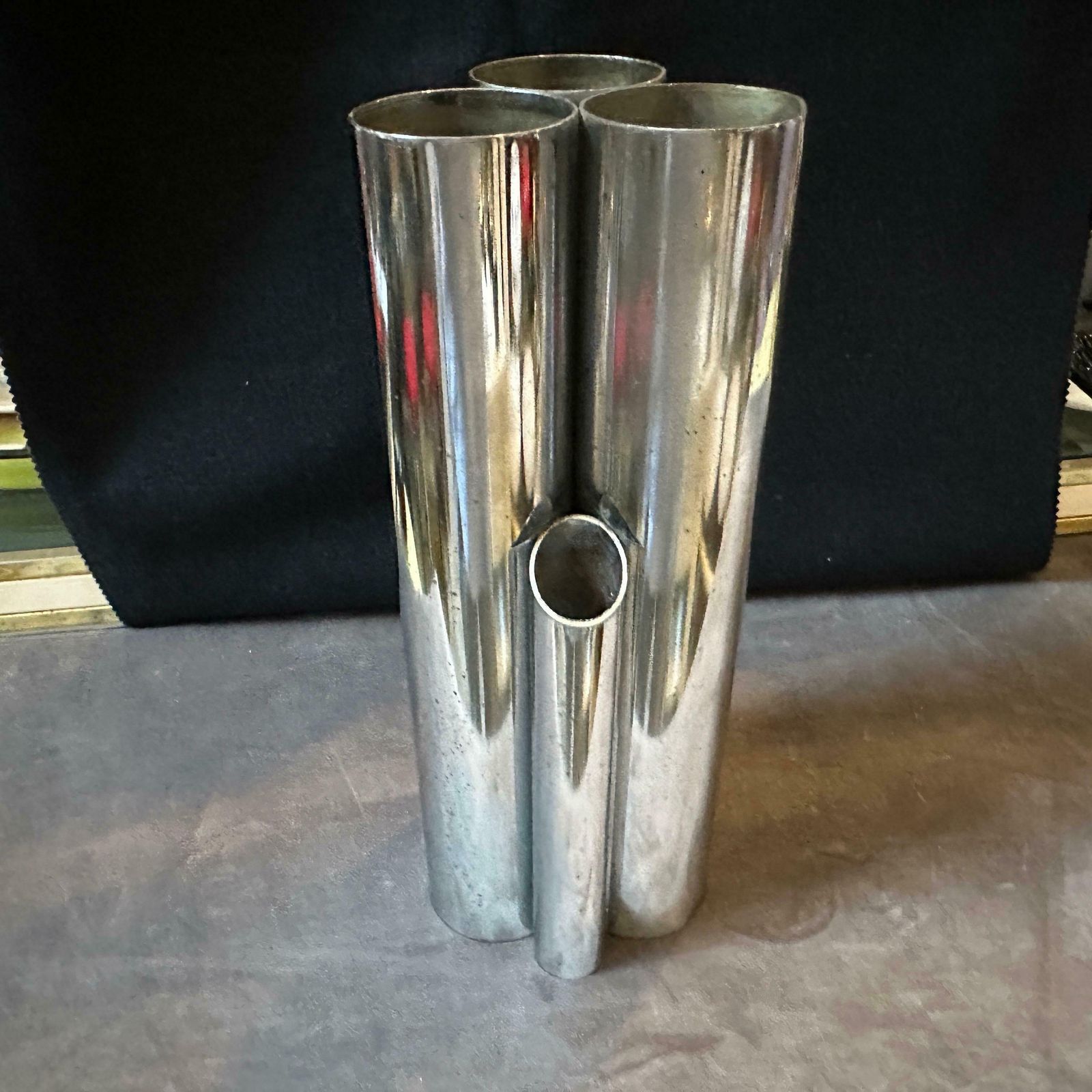 1960s Gio Ponti Style Minimalist Chromed Metal Multiple Cylinder Vase photo Home Decor
