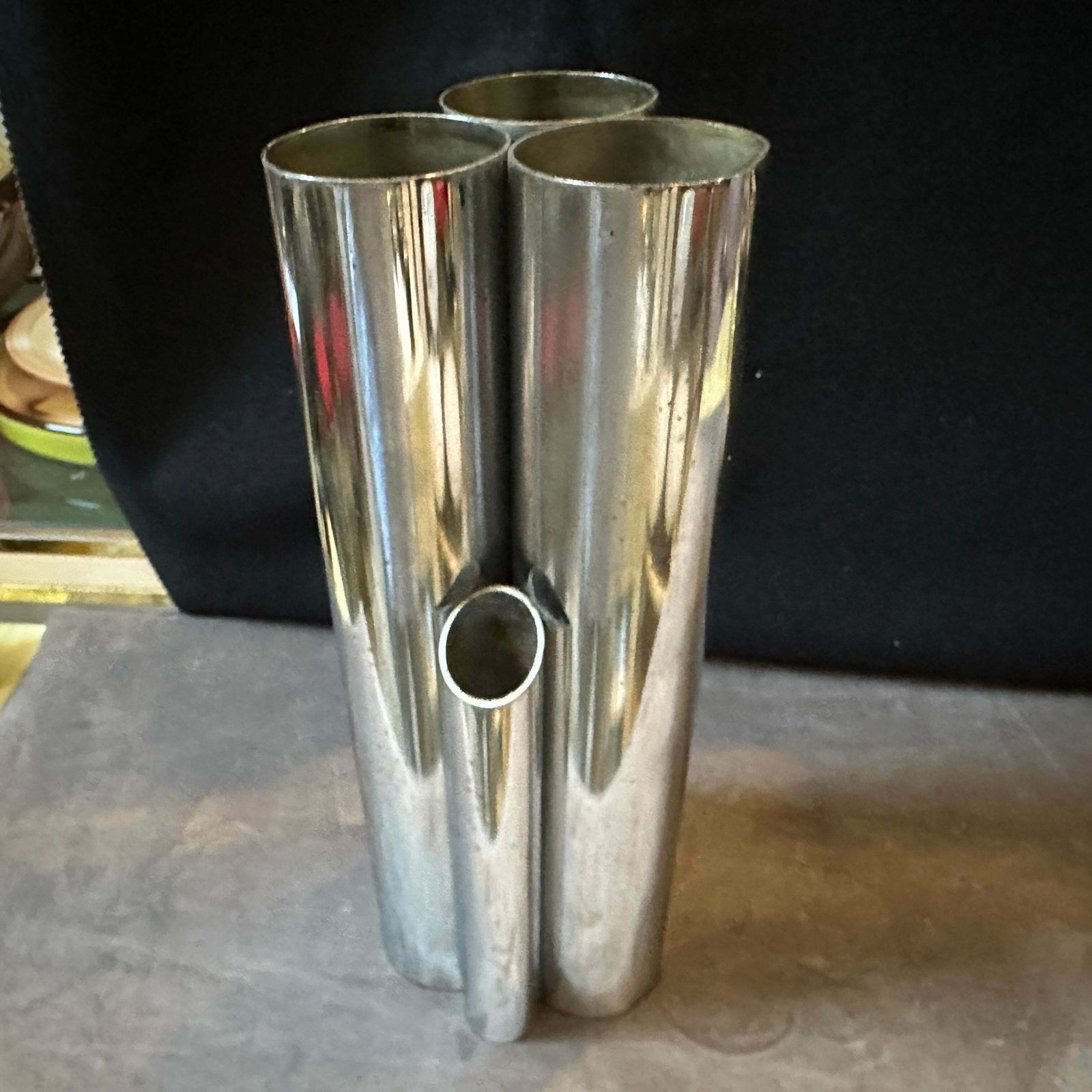1960s Gio Ponti Style Minimalist Chromed Metal Multiple Cylinder Vase photo vinterior