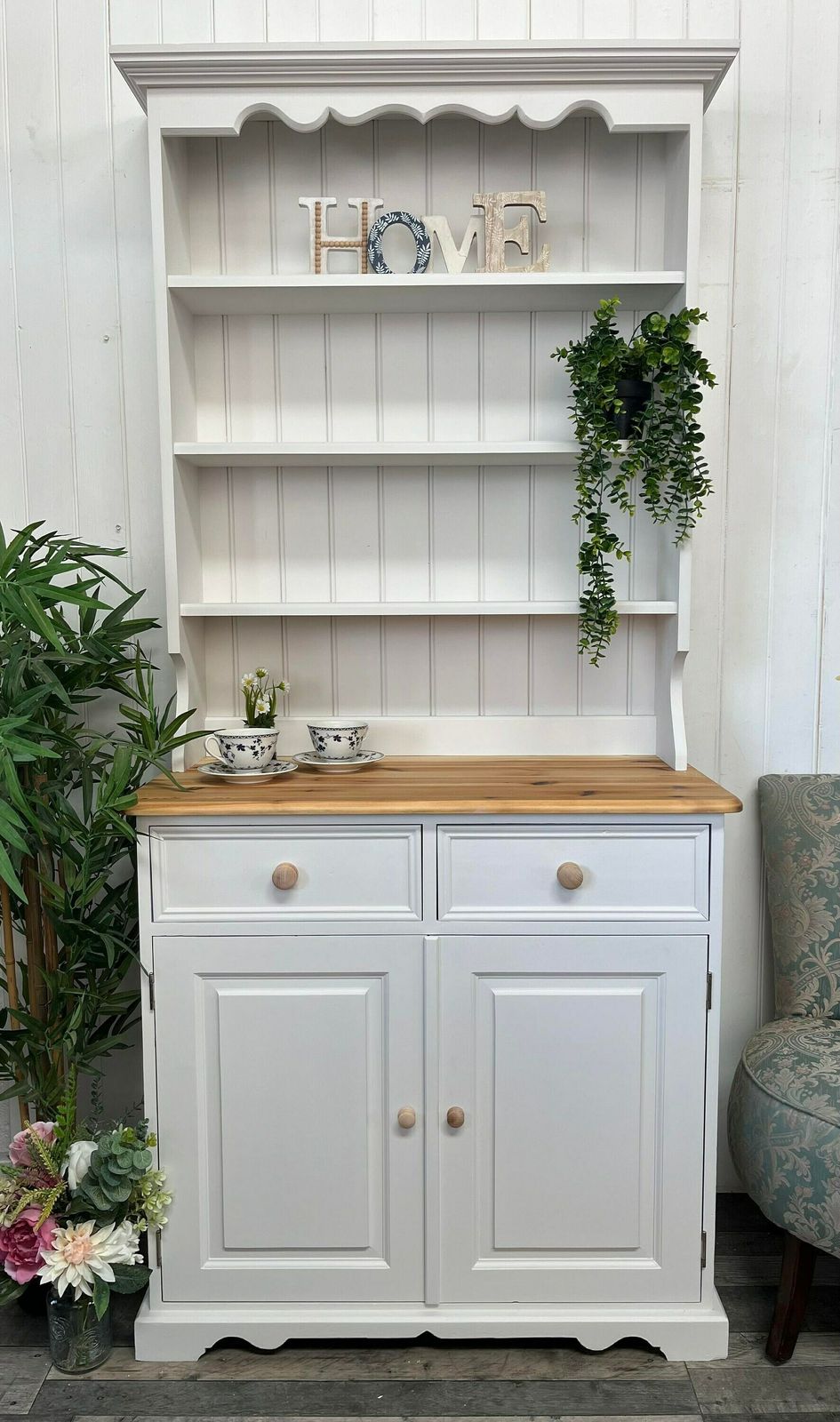 Custom Painted Upcycled Furniture. Vintage Country Farmhouse Medium Pine Welsh Dresser Cupboard Storage photo vinterior