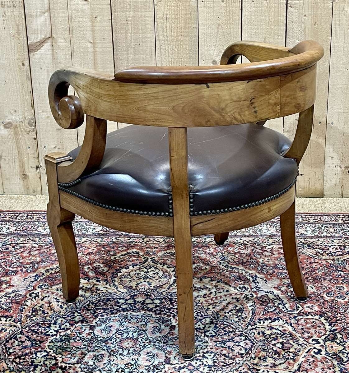 19th Century French Armchair In Cherry Wood And Leather Seat photo Furniture