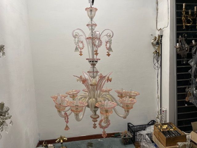 photo for sale Large Venetian Pink Murano Glass Chandelier 1960’s