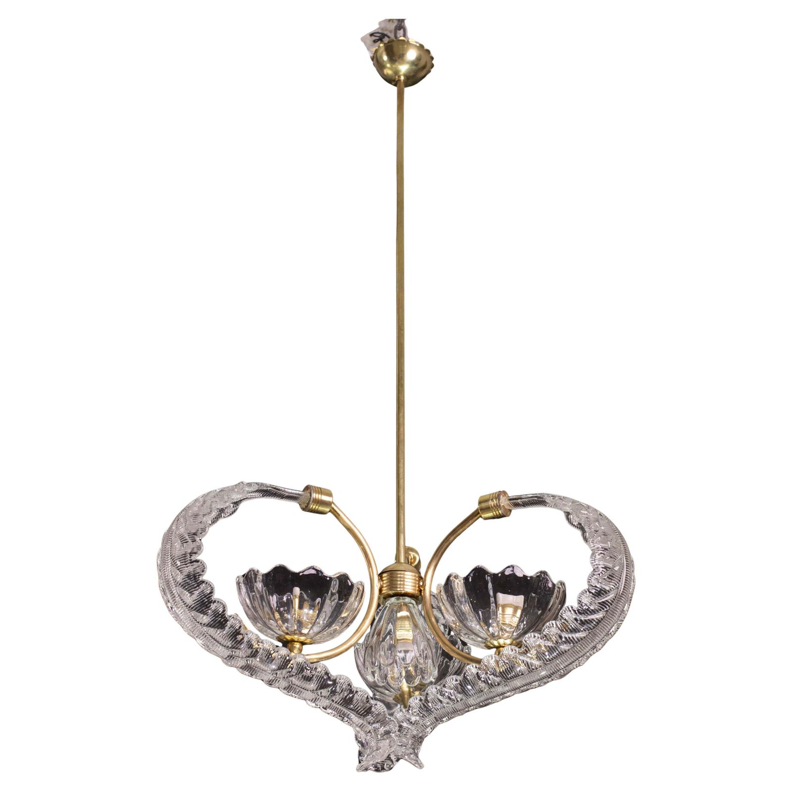Elegant 4 Light Art Deco Murano Glass And Brass Chandelier By Barovier