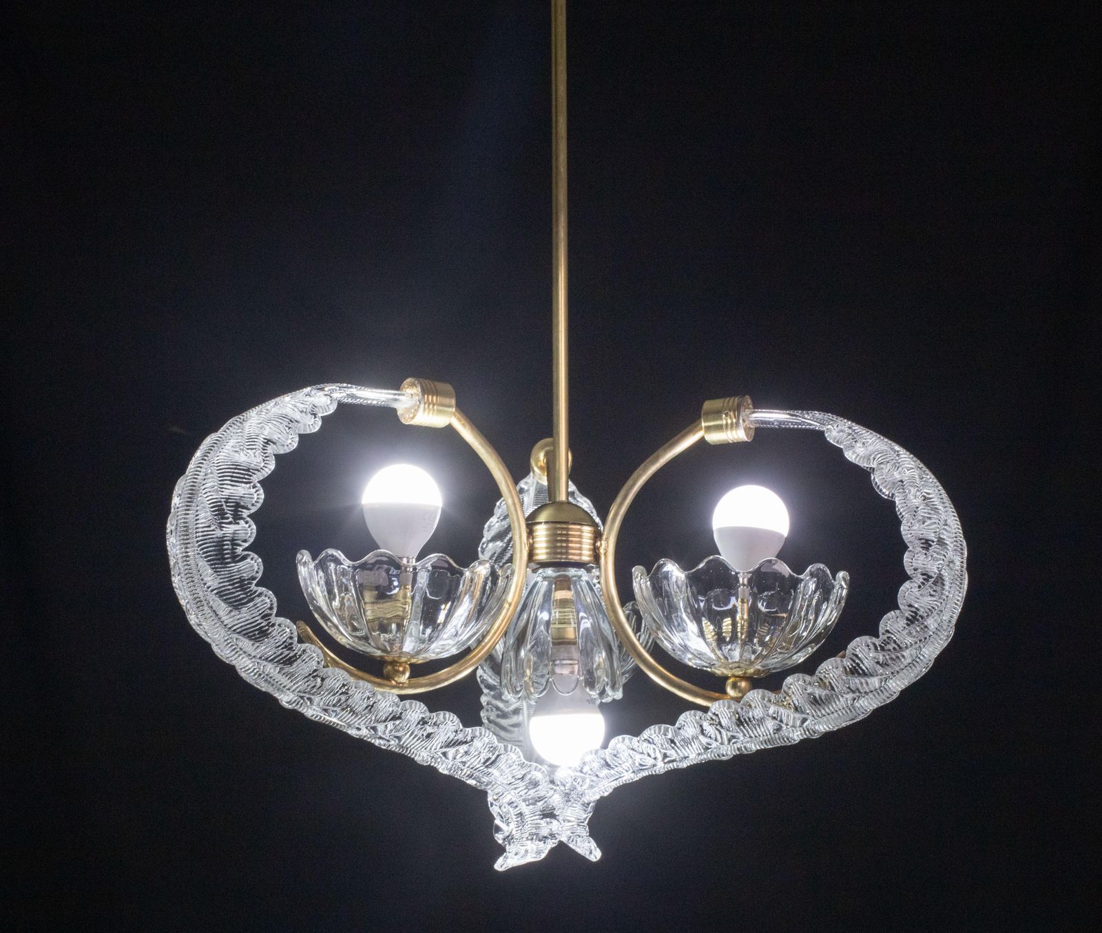 Elegant 4 Light Art Deco Murano Glass And Brass Chandelier By Barovier photo 2301.0
