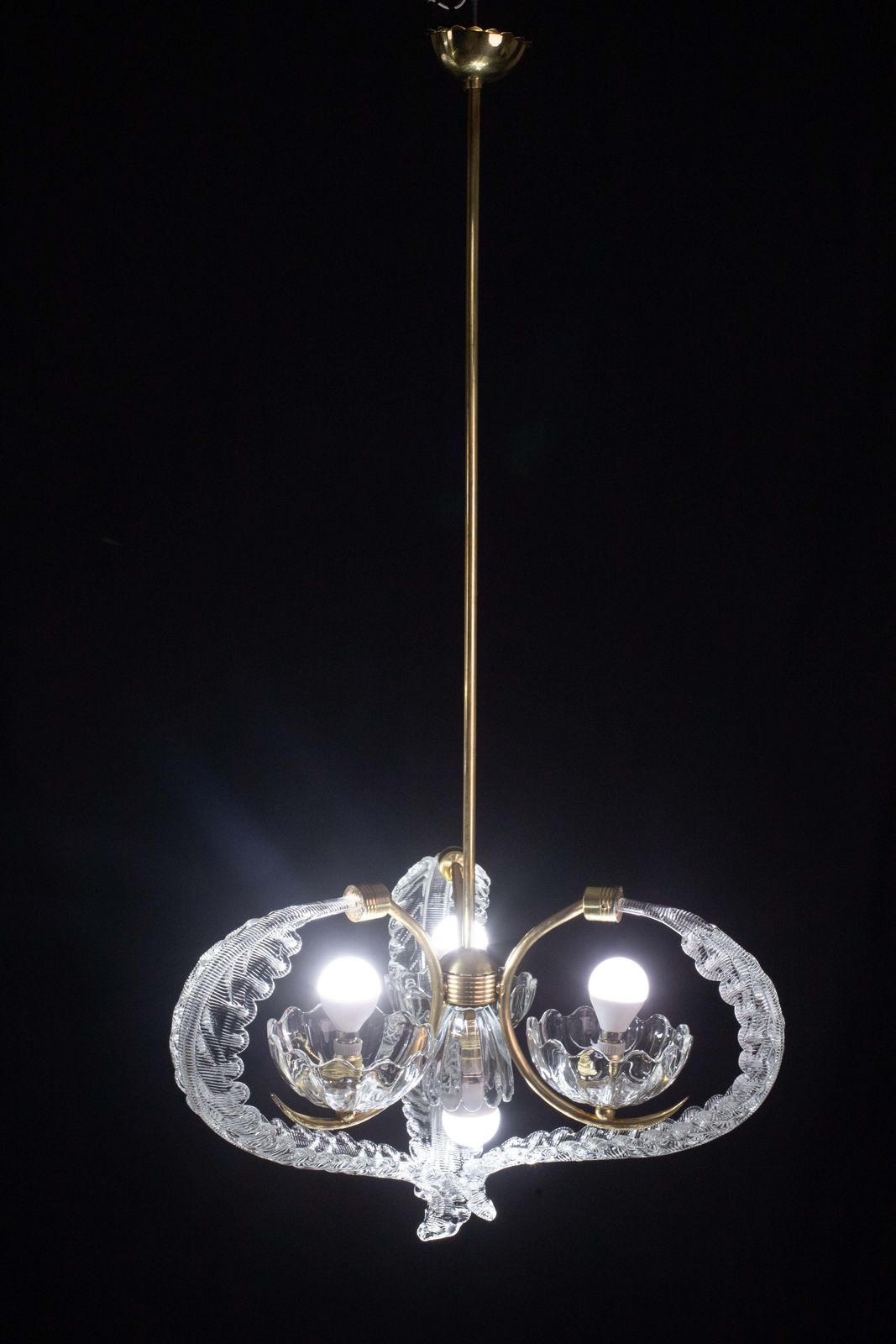 2301.0 Elegant 4 Light Art Deco Murano Glass And Brass Chandelier By Barovier photo