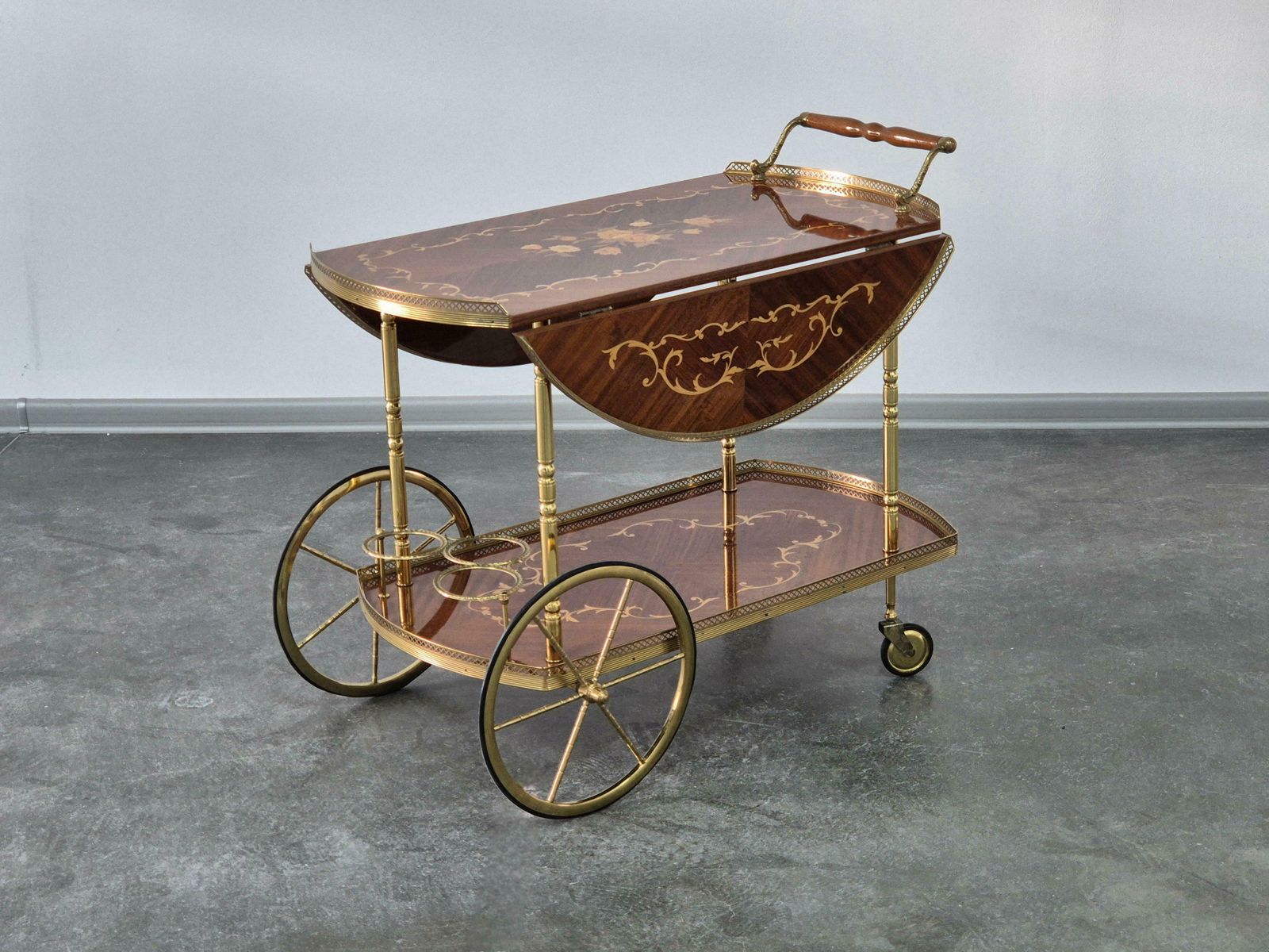 Serving Drink Bar Cart Trolley With Side Flaps, Marquetry Inlays, 1970s. photo Furniture