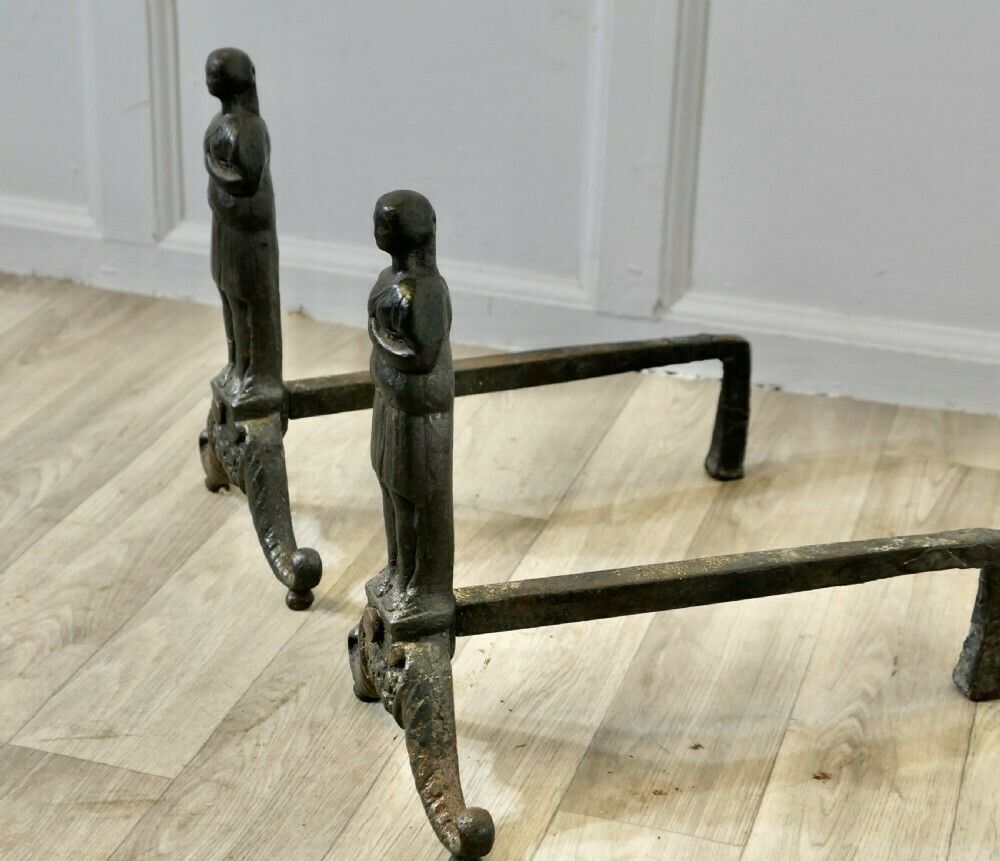 A Pair Of French Gothic Iron Andirons With Guardians photo for sale