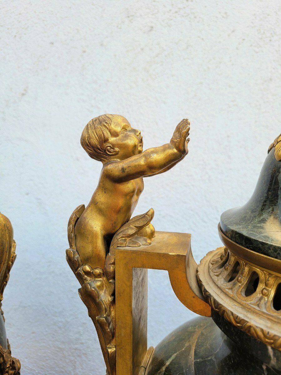 Pair Of Large Bronze And Marble Cassolettes, Napoleon III, 19th Century photo for sale