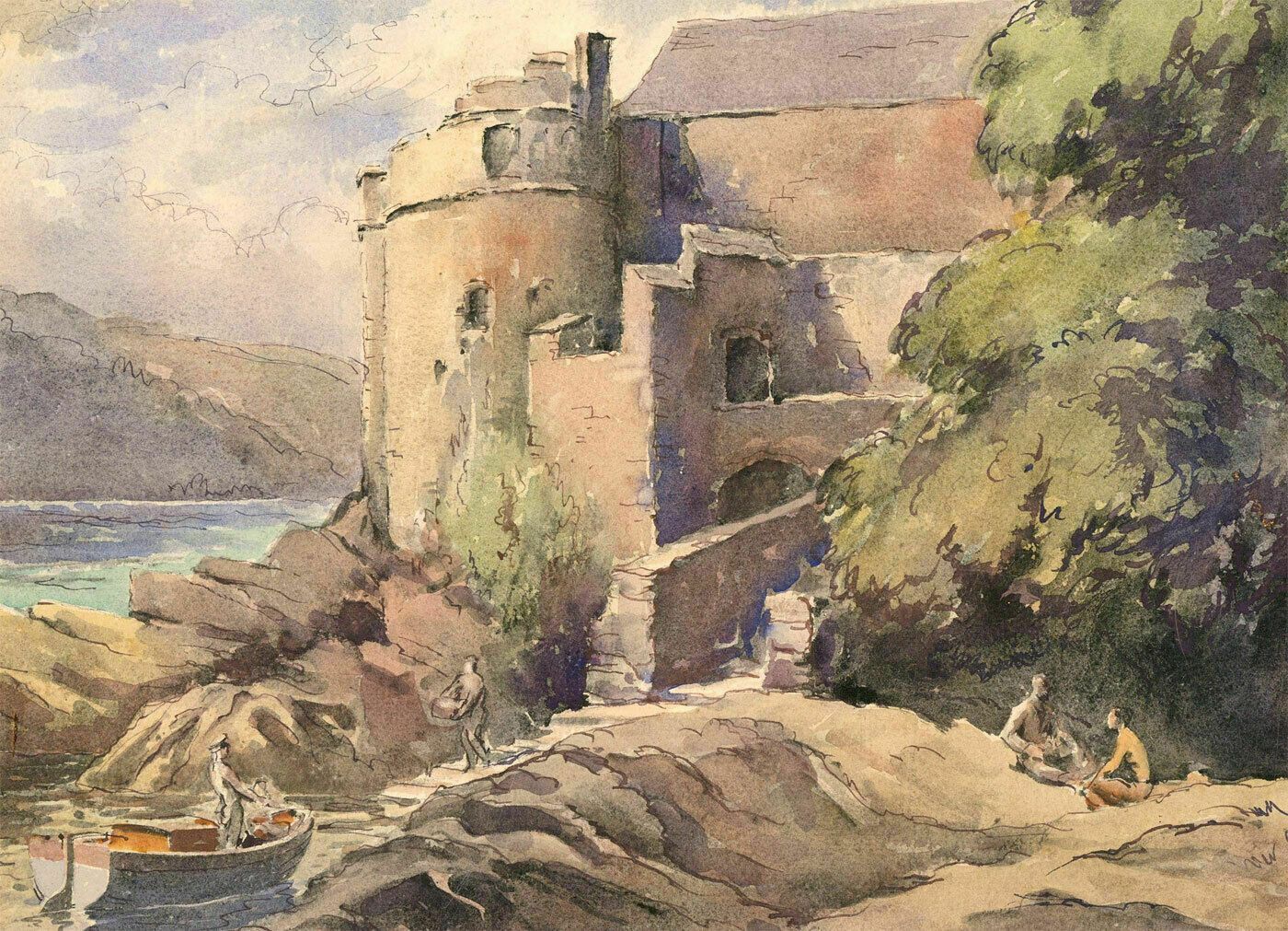 Early 20th Century Watercolour   Castle View With Boat And Figures photo for sale