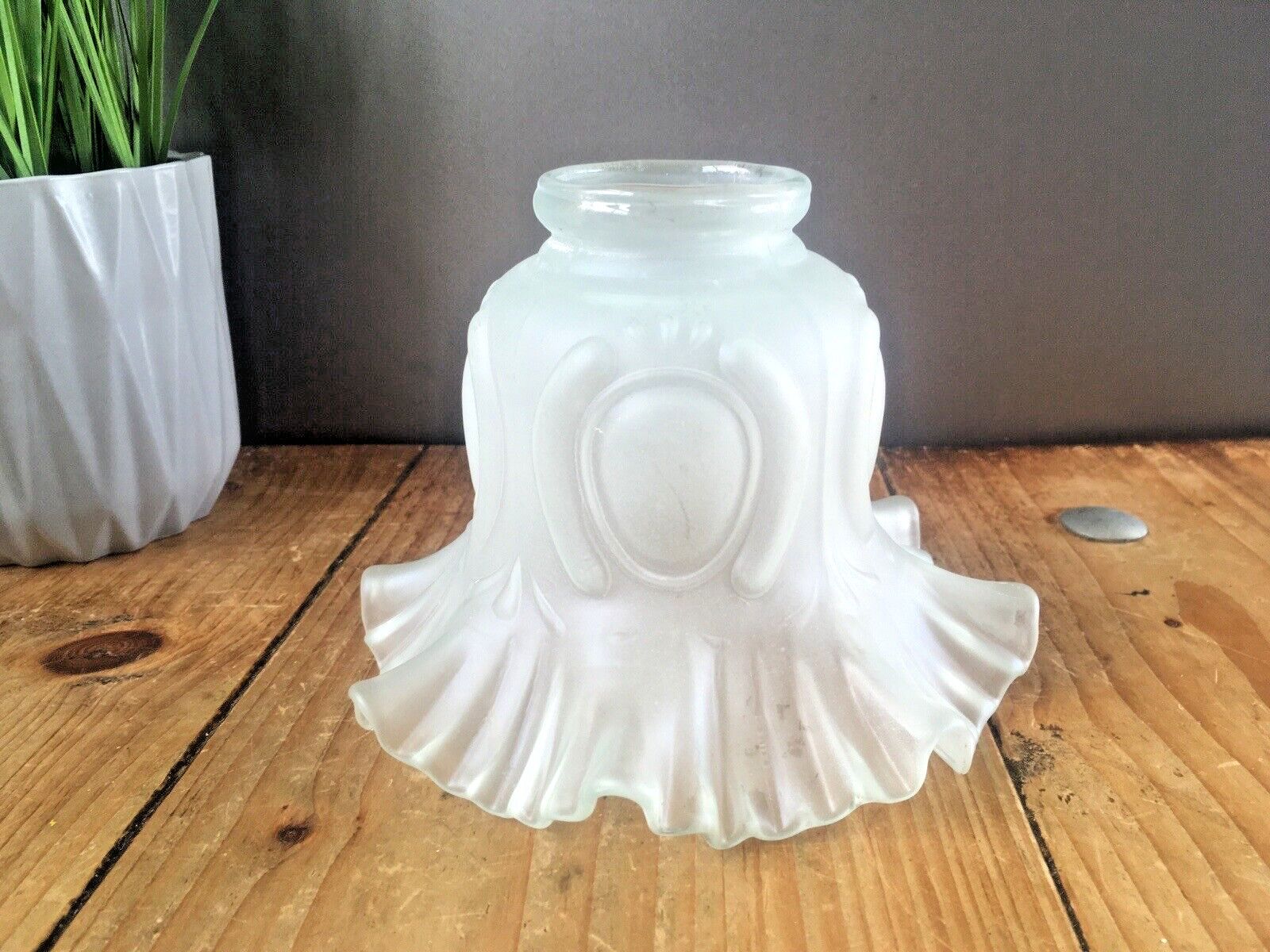 photo vinterior 1 Antique Art Nouveau Frosted Satin Glass Ruffled Crimped Edge Light Shade Deco