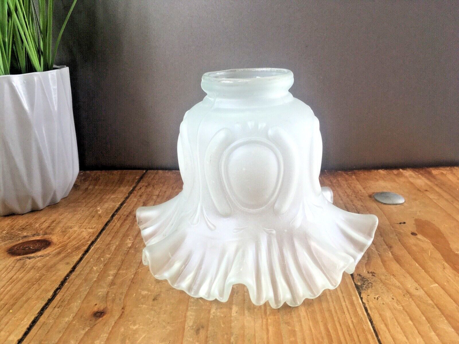 photo buy 1 Antique Art Nouveau Frosted Satin Glass Ruffled Crimped Edge Light Shade Deco