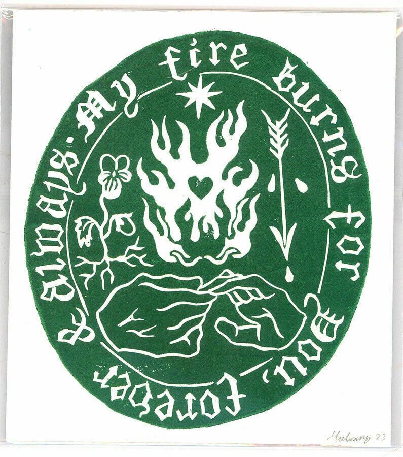 Isabelle Mulvany   2023 Linoprint, My Fire Burns For You (Green) photo furniture