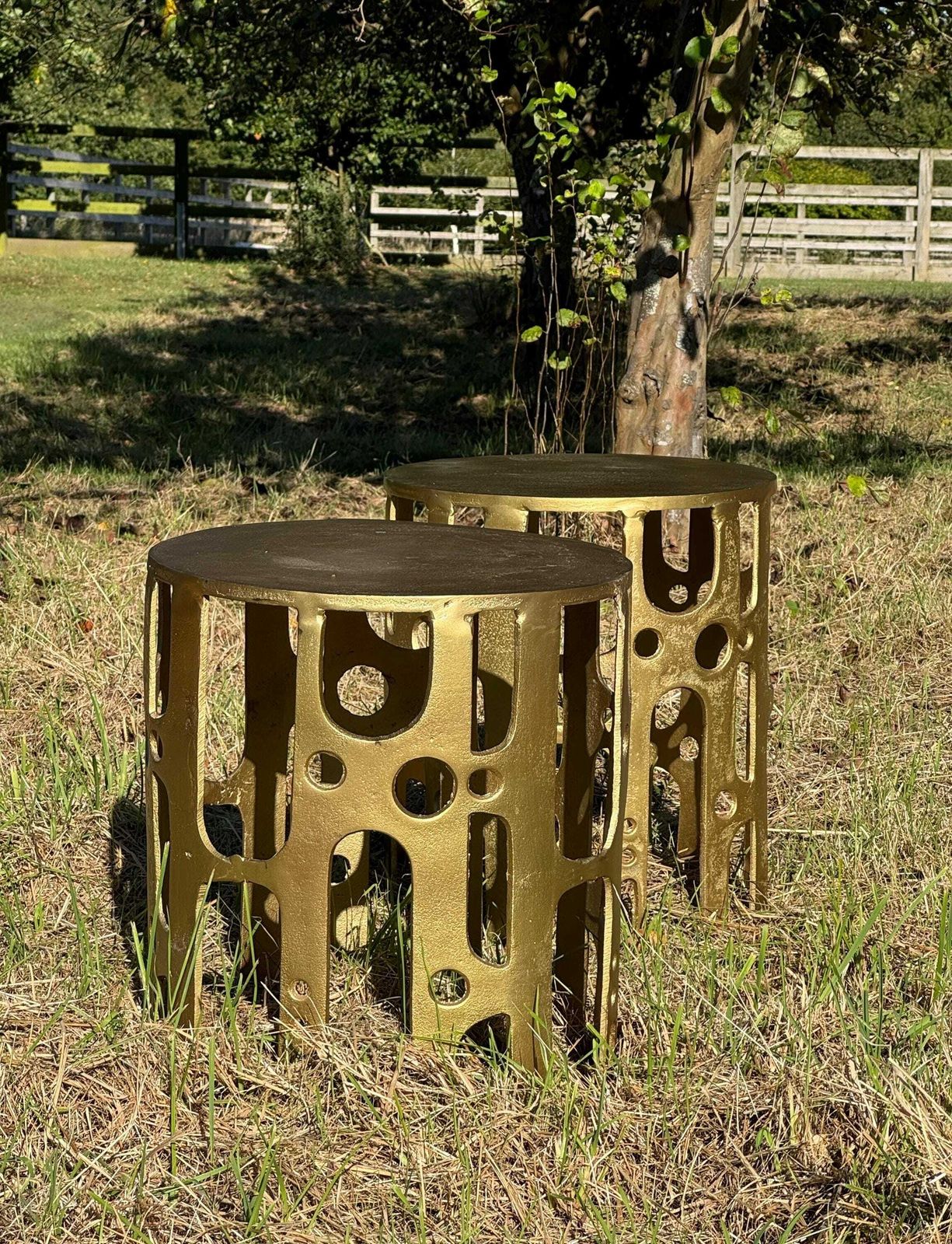 photo furniture Mid Century Modern Brutalist Hollywood Regency Pair Of Gilt Metal Side Tables