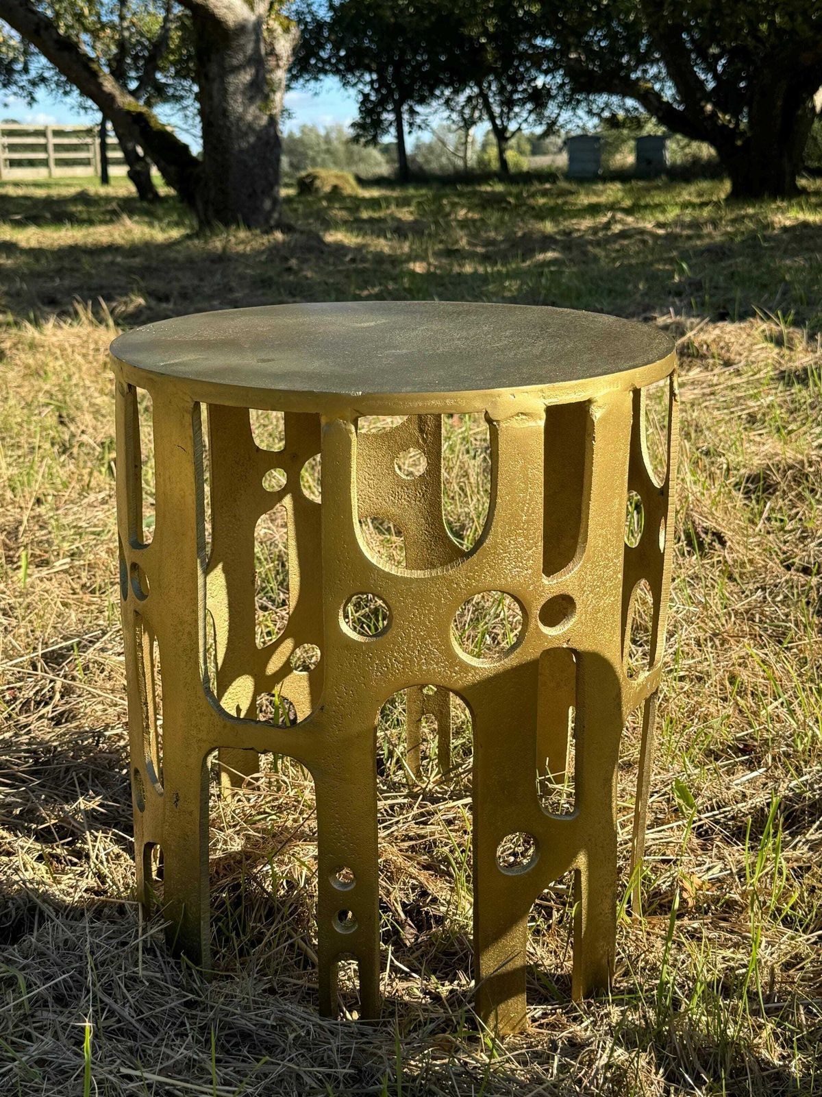 photo for sale Mid Century Modern Brutalist Hollywood Regency Pair Of Gilt Metal Side Tables