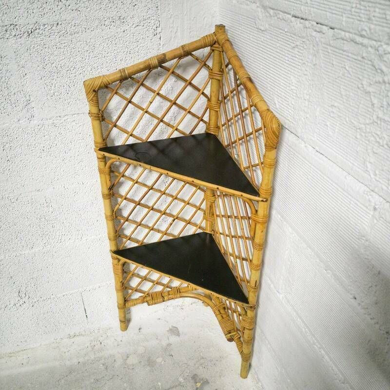 Rattan Corner Shelf, Boho photo vintage