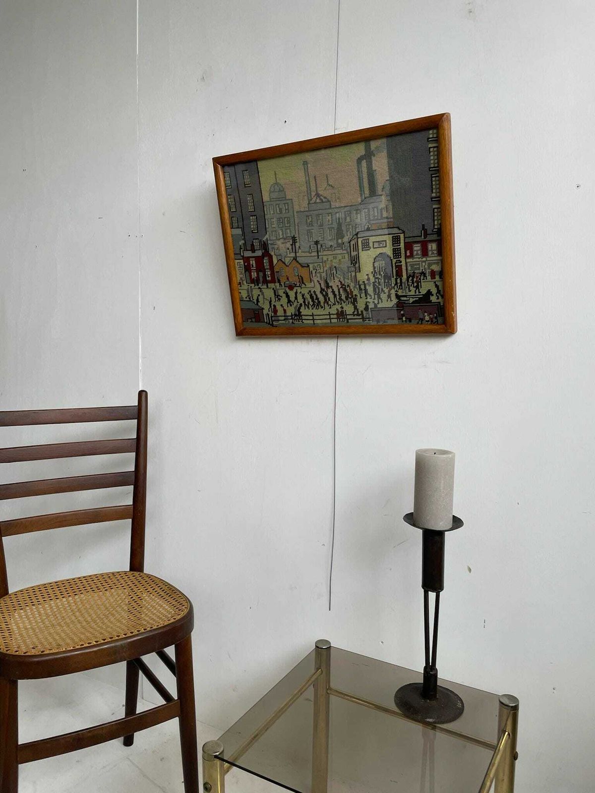 Needlework Retro Framed Ls Lowry Art In A Chunky Wooden Frame ‘Coming From The Mill’ photo for sale