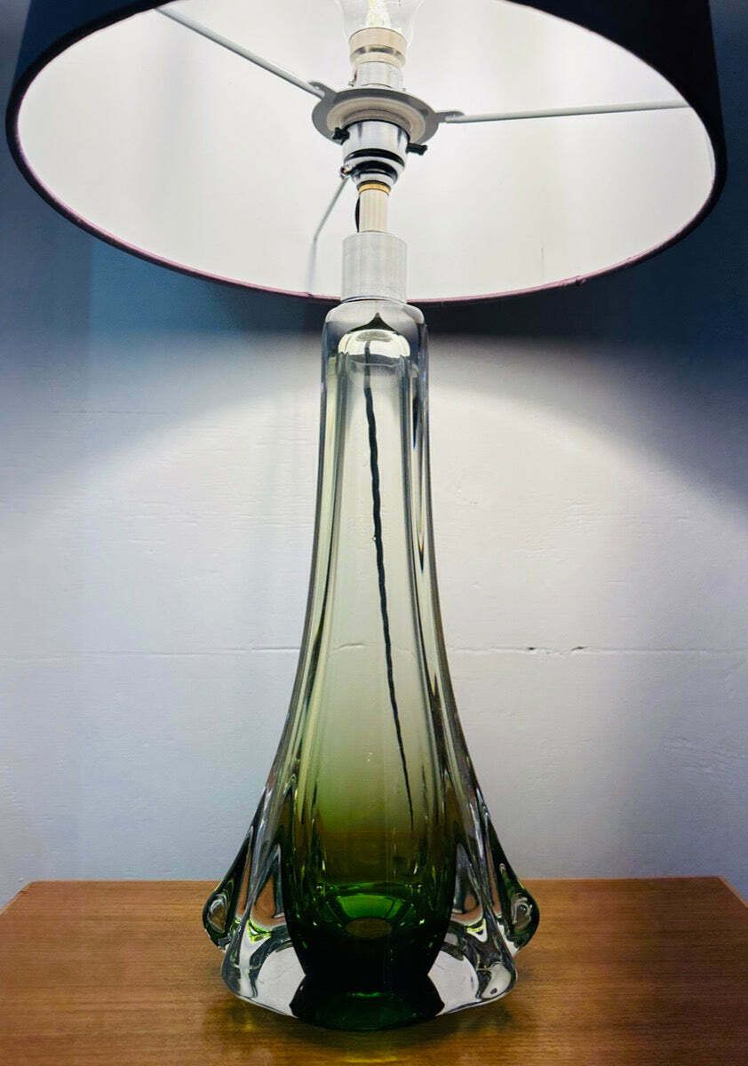 1950s Belgium Val Saint Lambert Green & Clear Crystal Glass Table Lamp Signed photo for sale
