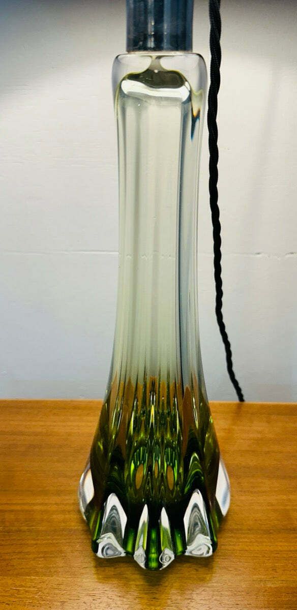 1950s Belgium Val Saint Lambert Green & Clear Crystal Glass Table Lamp Signed photo 325.0
