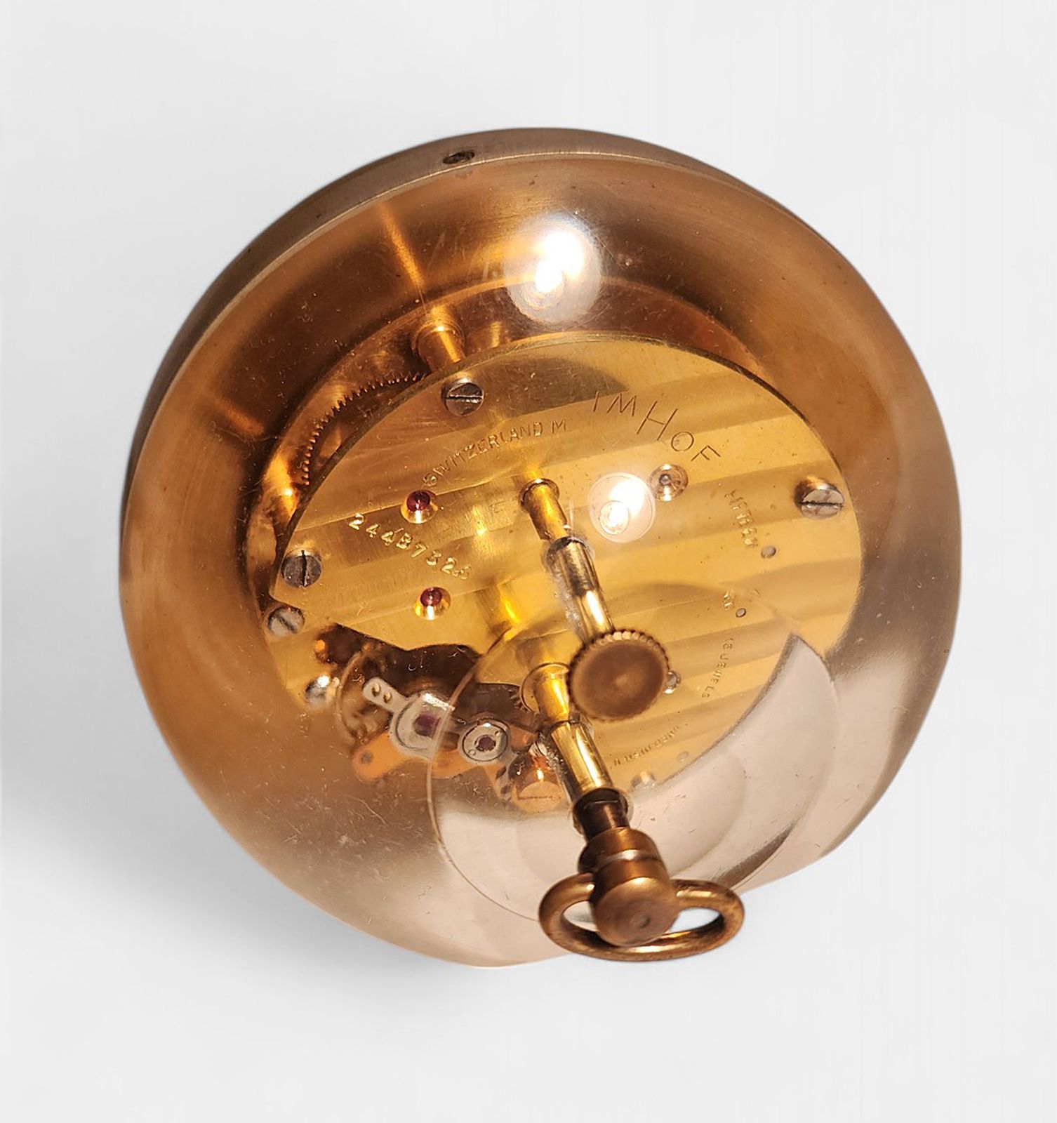 photo furniture 1960s Mid Century Modern Lucite And Gilt Brass Sphere/Ball Paperweight Clock With 15 Jewel Wind Up Movement By Swiss Clockmaker Arthur Imhof