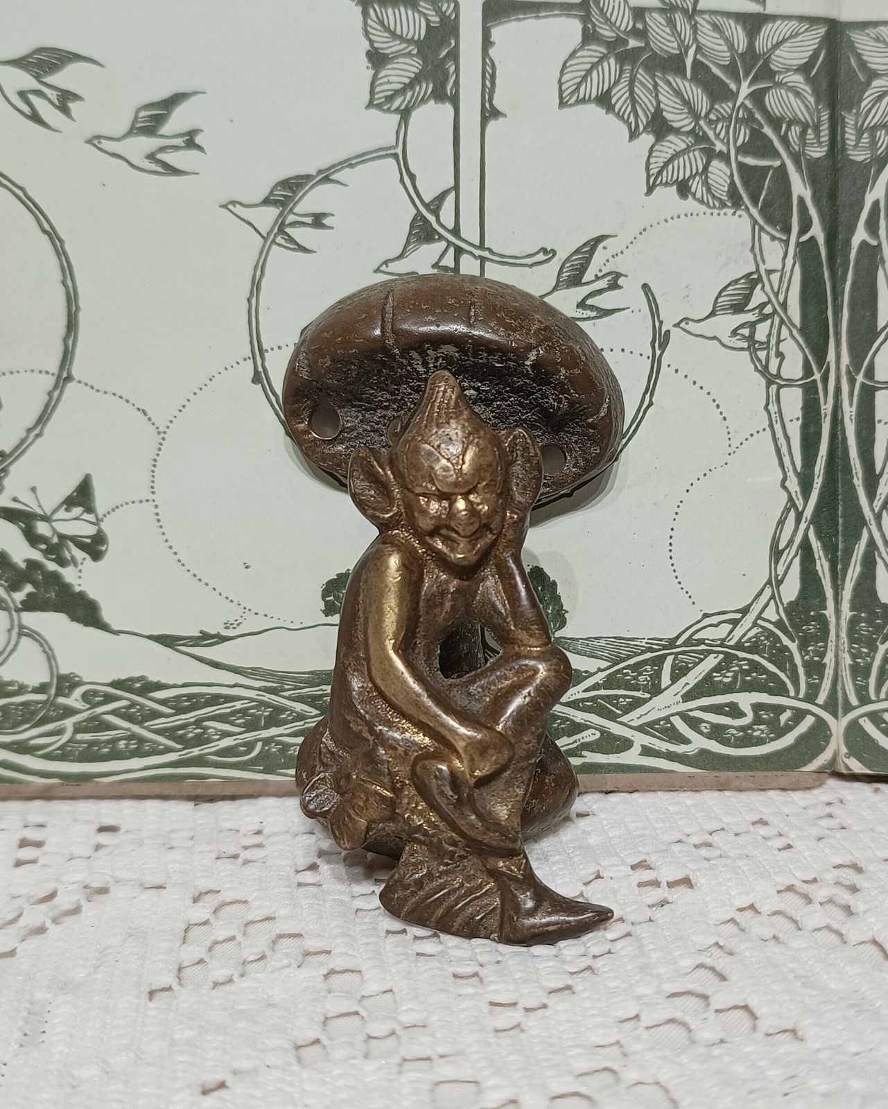 Cast Brass Pixie Figure Under Toadstool Door Knocker,Bronze Gold Tone .