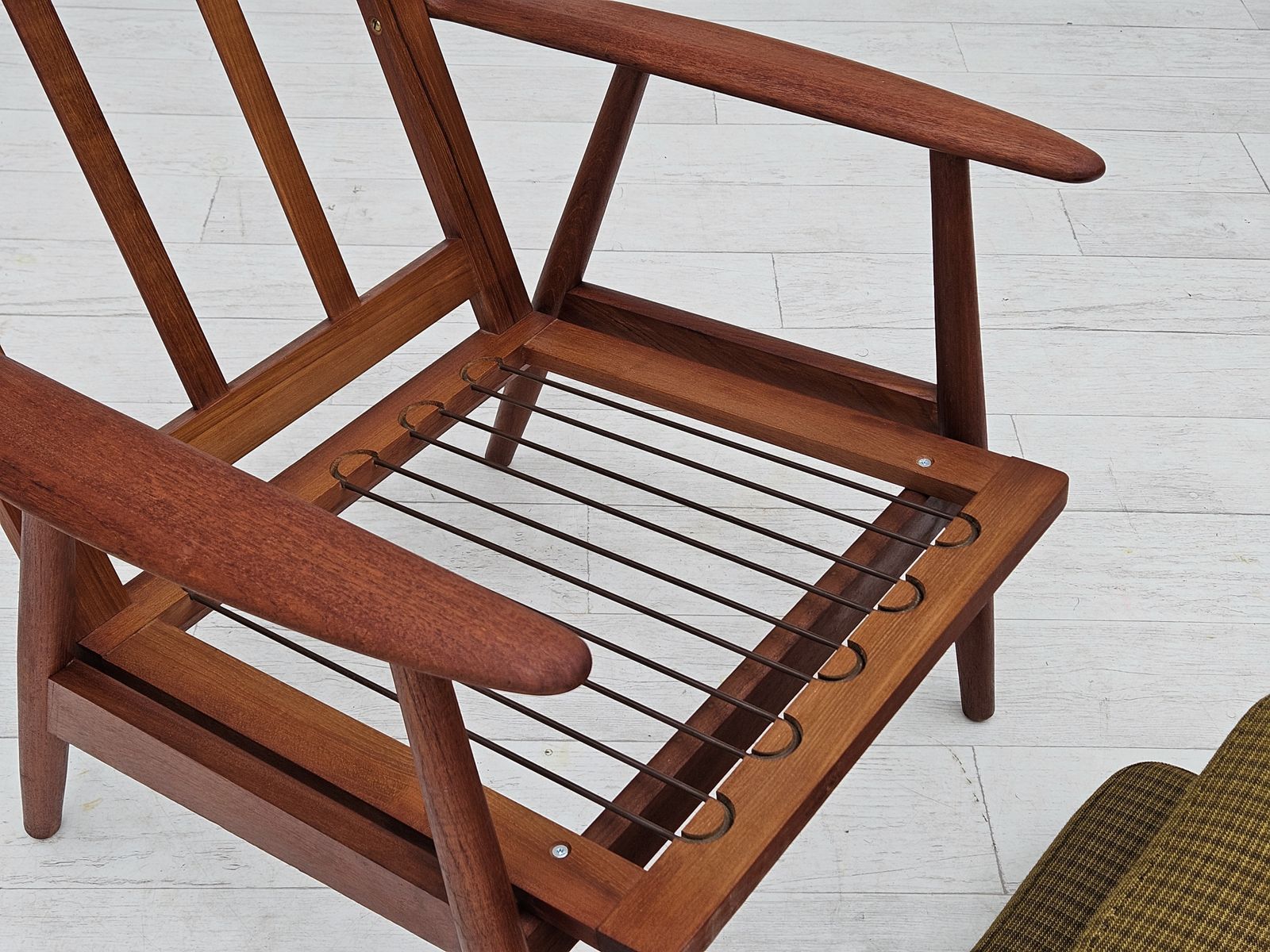 Furniture 1970s, Danish Teak Wood Armchair, Original Condition, Green Furniture Fabric. photo