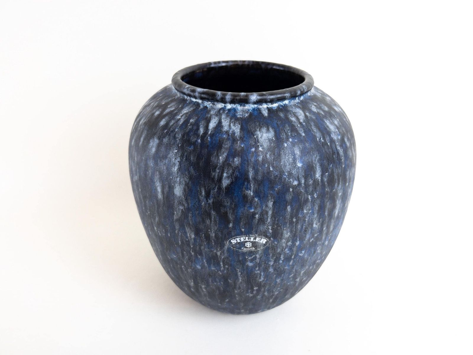 West German Pottery Vase By Steuler   Large Modern Blue Black Round Vase
