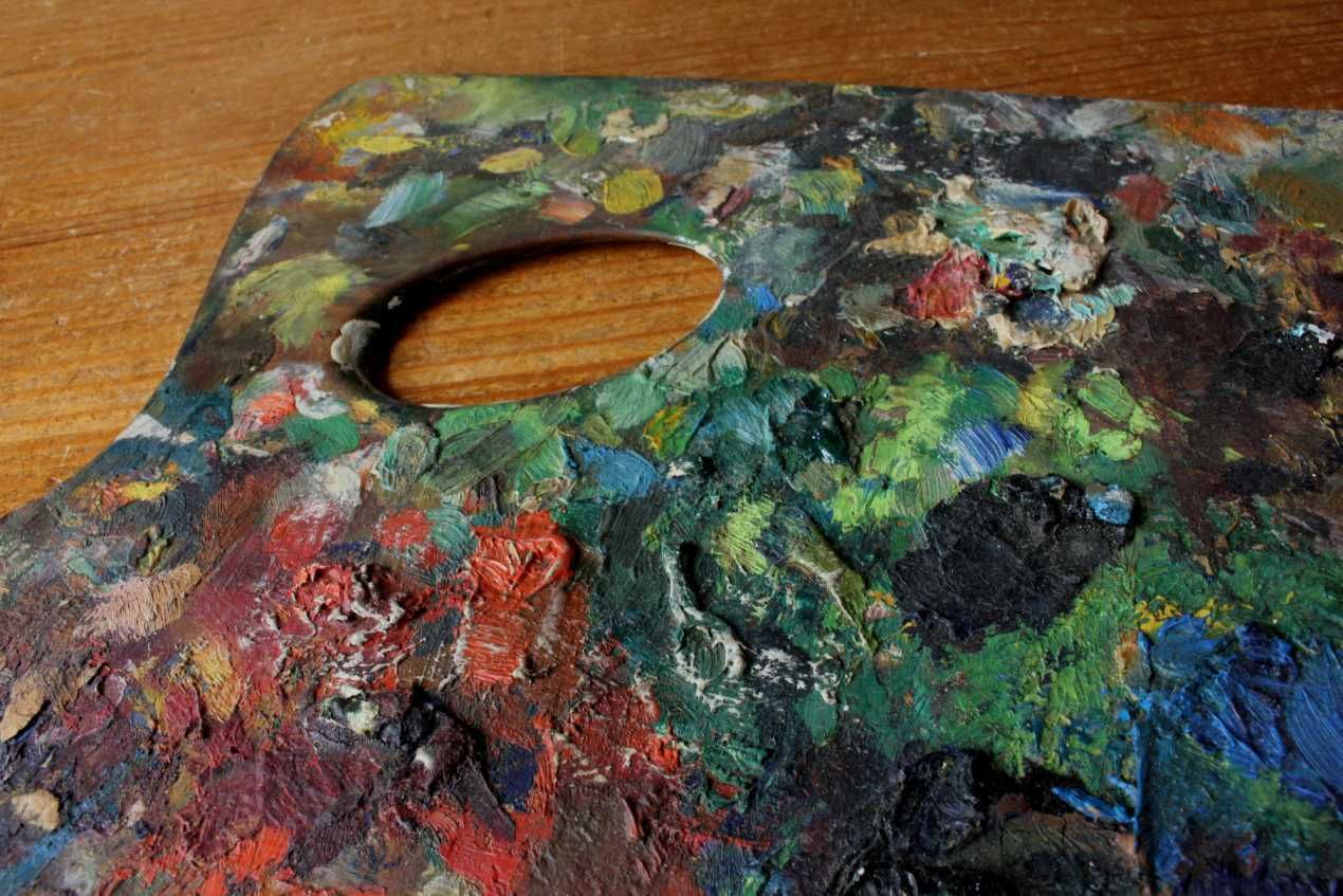Artist Palette With Oil Paints. Decorative Paint Mixing Board. C1900. photo buy
