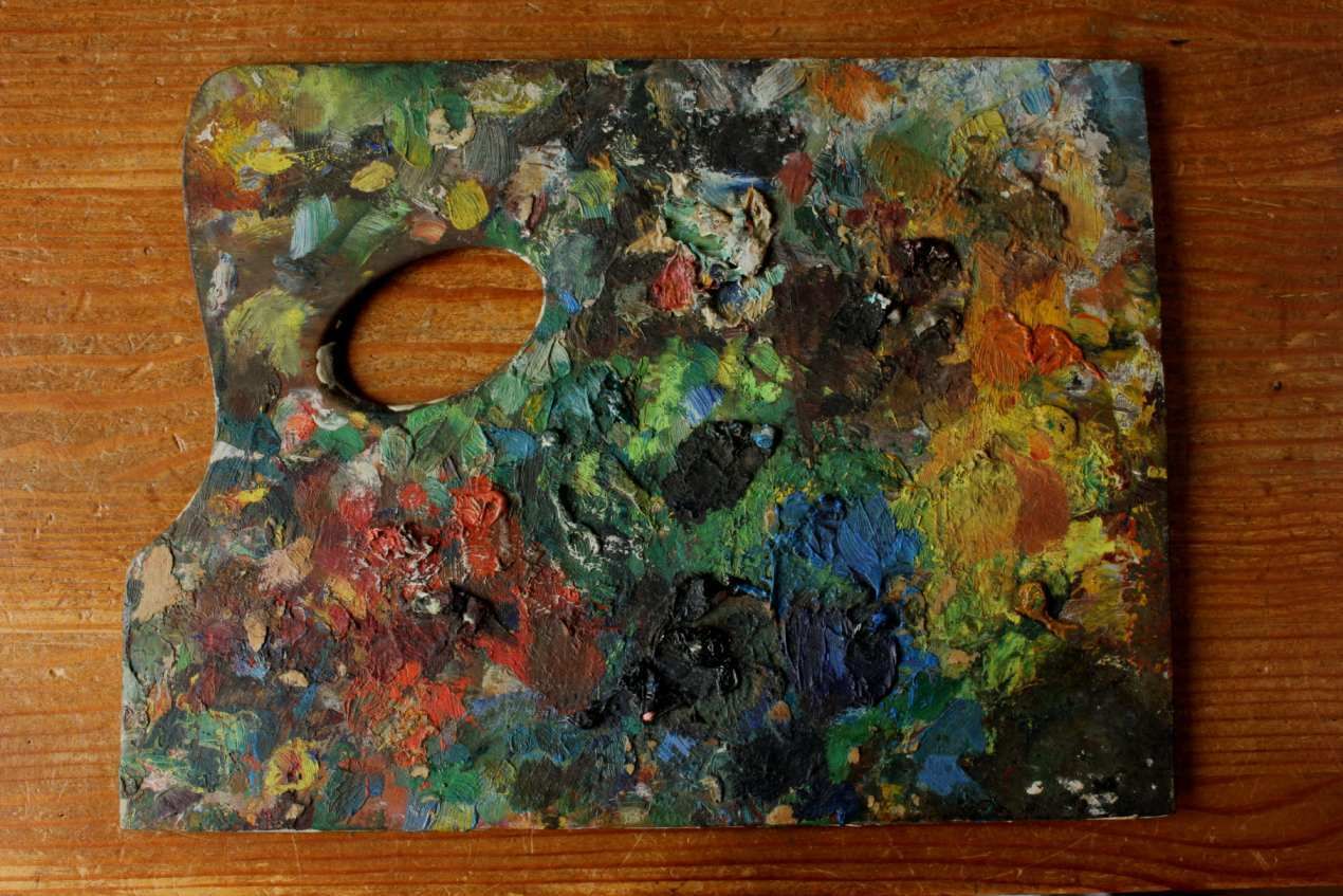 Artist Palette With Oil Paints. Decorative Paint Mixing Board. C1900. photo vintage