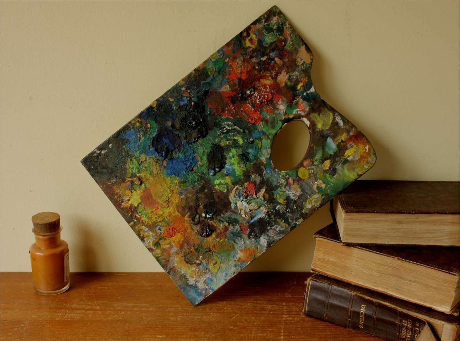 photo for sale Artist Palette With Oil Paints. Decorative Paint Mixing Board. C1900.
