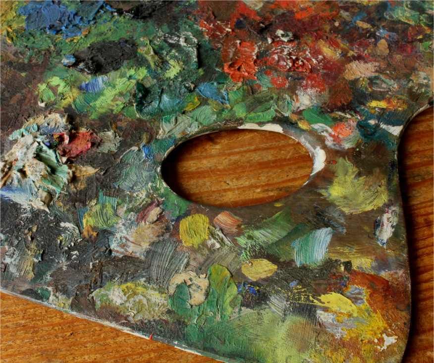 Art Artist Palette With Oil Paints. Decorative Paint Mixing Board. C1900. photo
