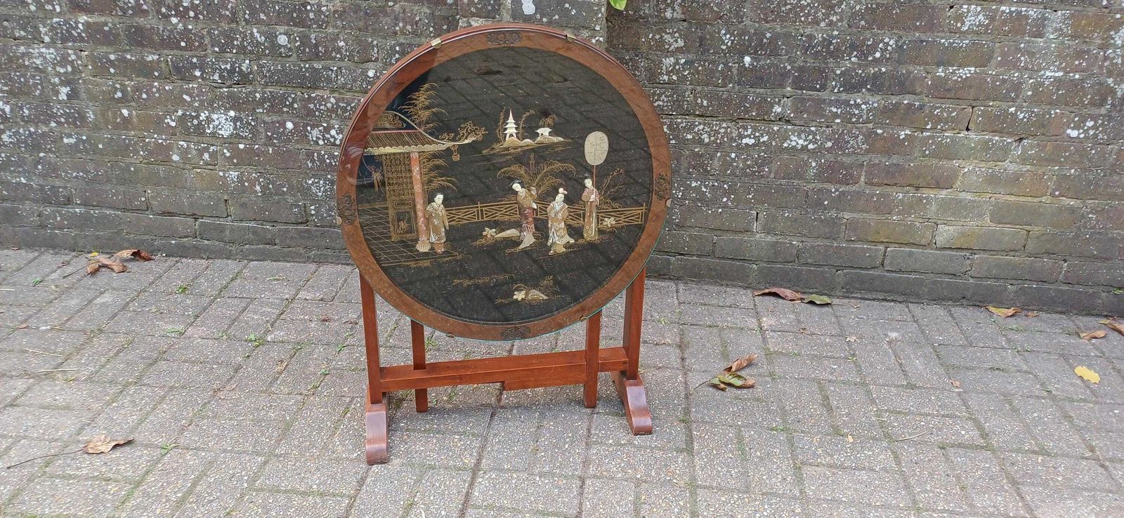 Unusual Early To Mid Vintage Oak Oriental Coffee Table And Folding Fire Screen Hand Created Decoration.