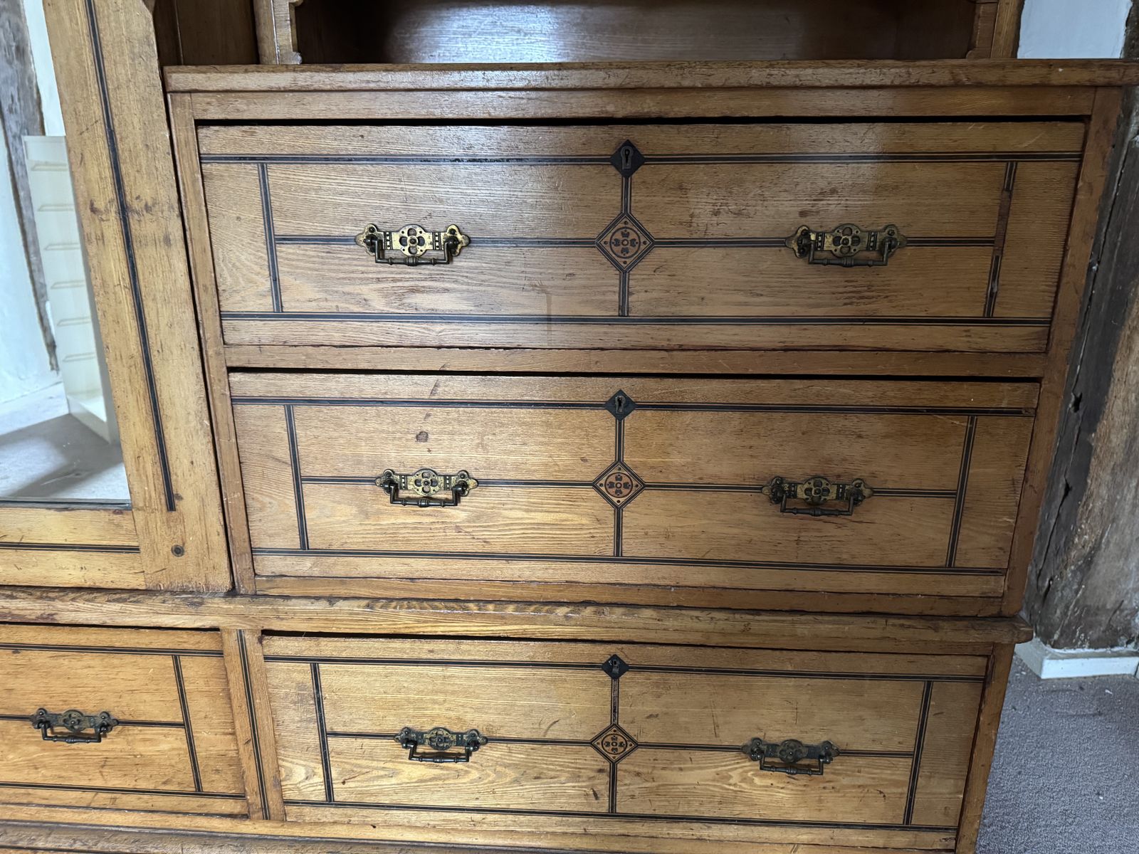 Large Pine Wardrobe With Mirrored Doors, Drawers & Marquetry photo Furniture