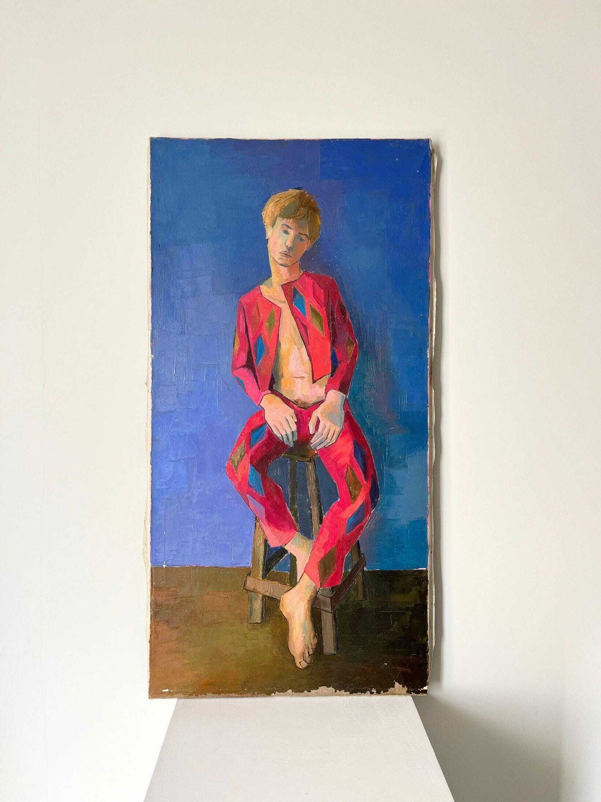 Mid Century Oil Painting Of A Harlequin, French Vintage Oil On Canvas Portrait With Stylised Aesthetic