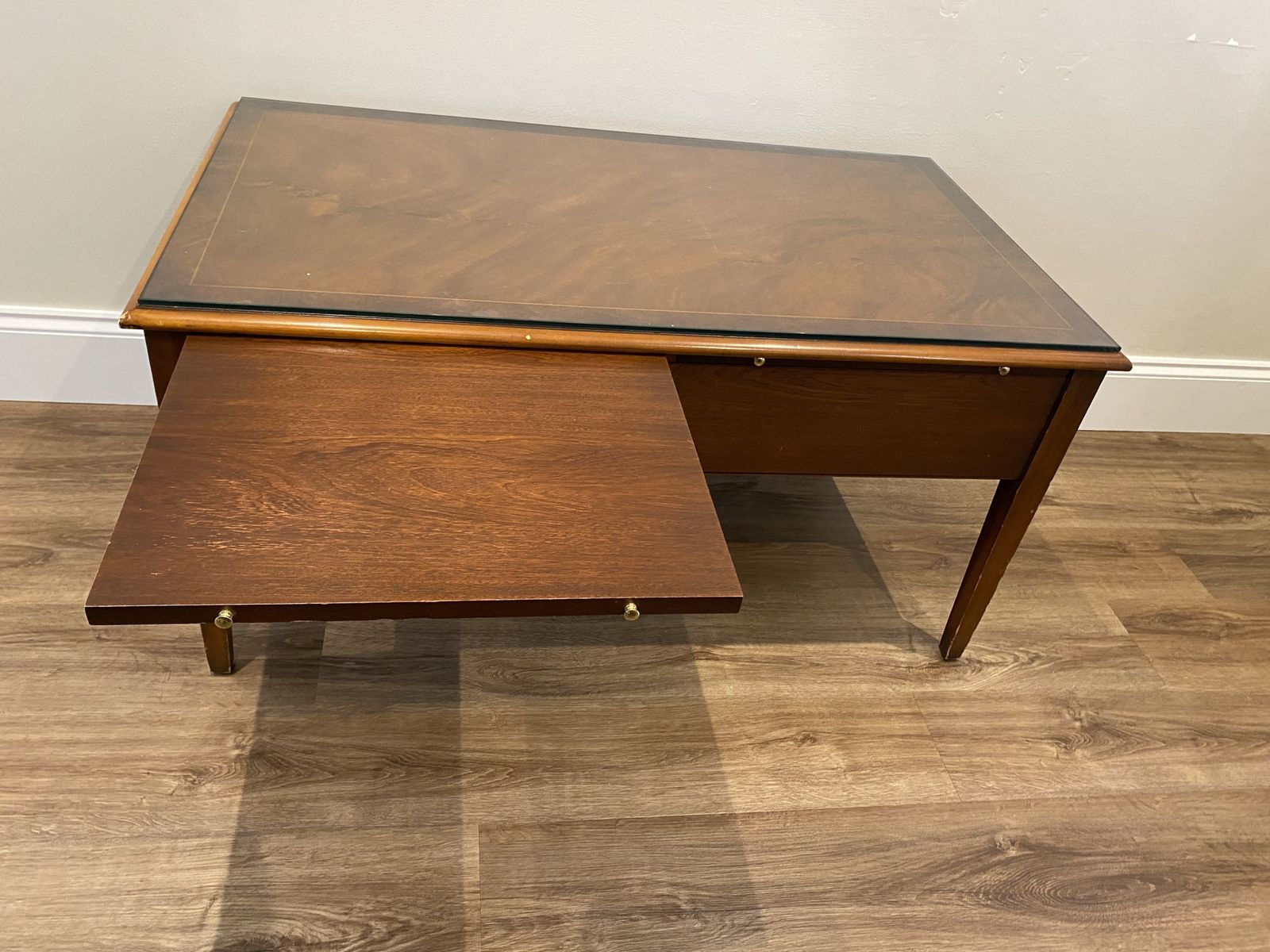 Bradley Furniture Burr Yew Wood Two Drawer Coffee Table + Butlers Serving Trays photo furniture