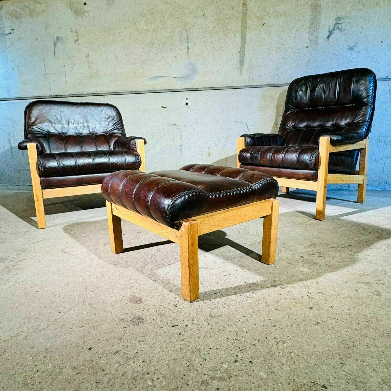 Vintage His And Hers Leather & Oak Swedish Chairs 70s With Footstool #342a photo furniture