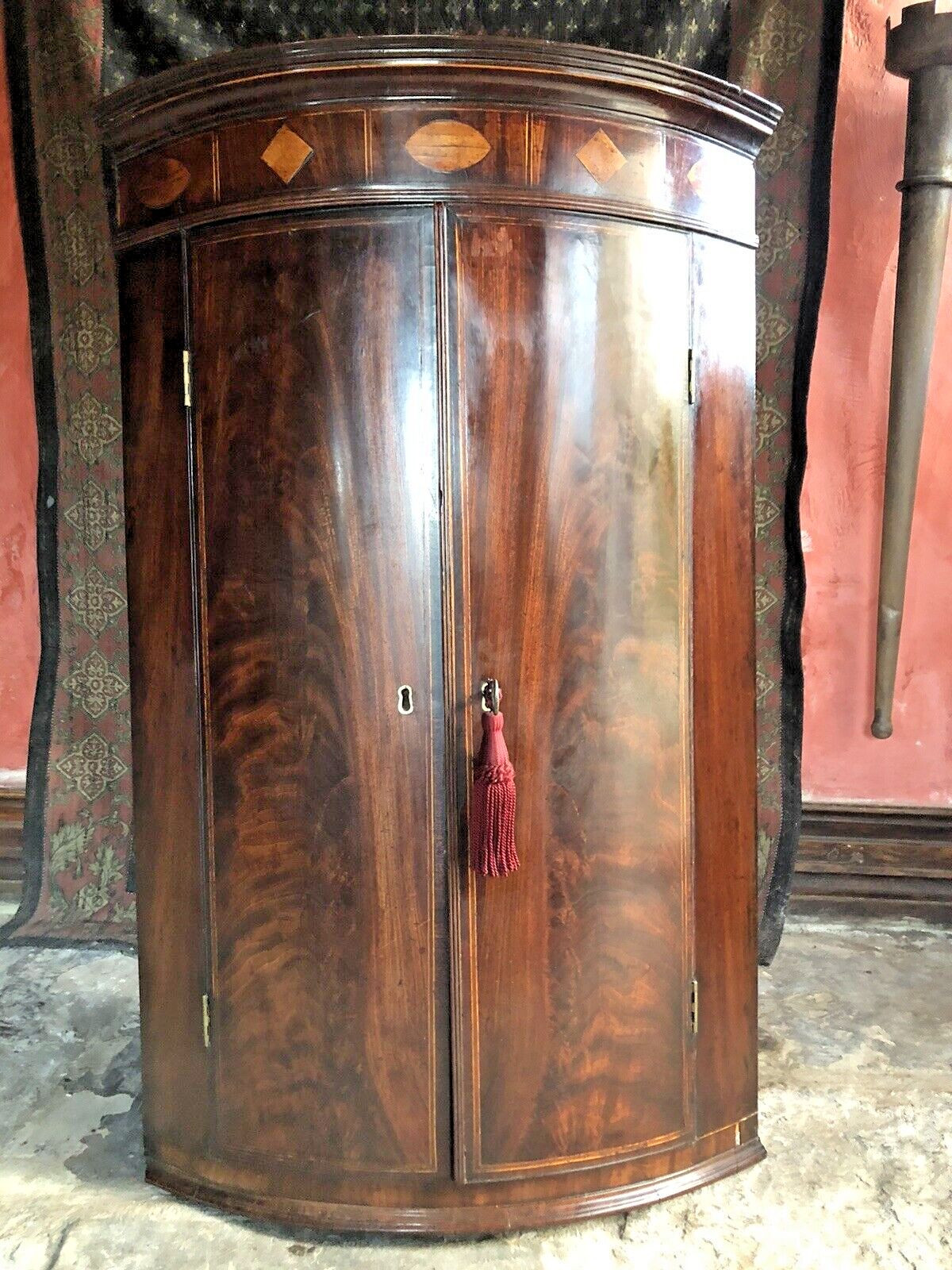 Fine Quality Antique Mahogany Tall Georgian Marquetry  Corner Cabinet W/Key photo furniture