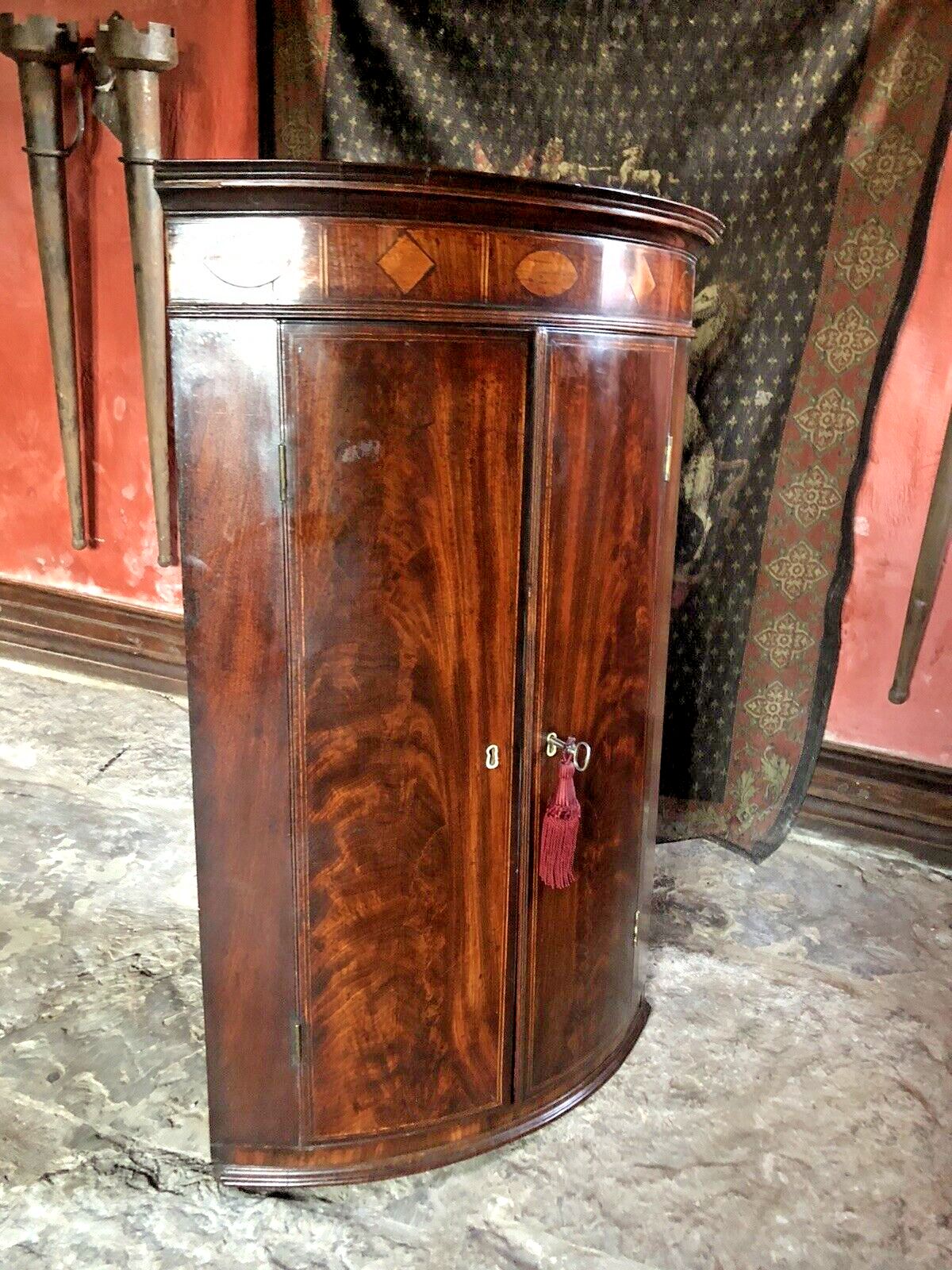 Fine Quality Antique Mahogany Tall Georgian Marquetry  Corner Cabinet W/Key photo Furniture