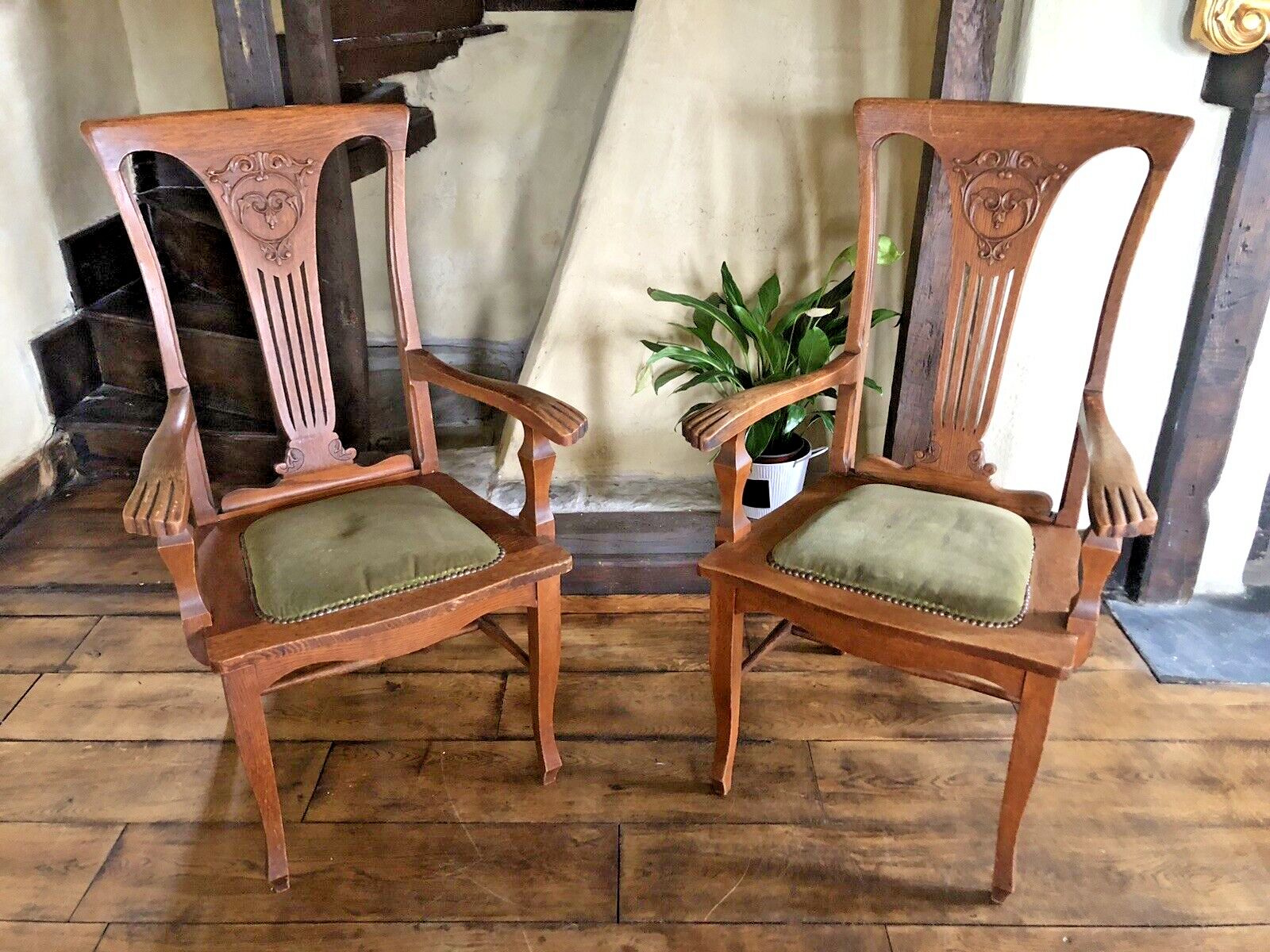 Pair Of  Original Rare Antique Arts And Crafts Green Canadian Elbow Armchair photo furniture