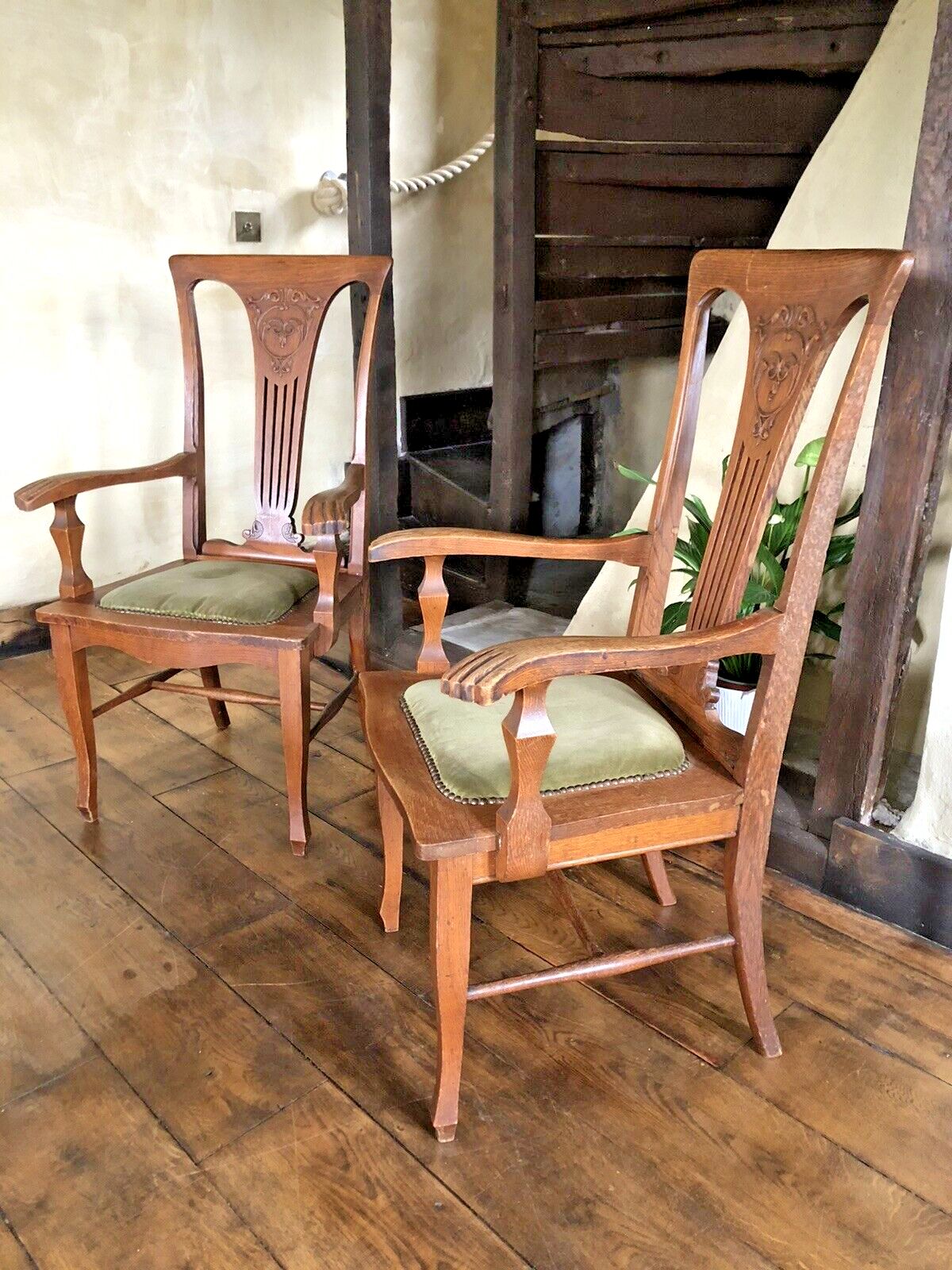 Pair Of  Original Rare Antique Arts And Crafts Green Canadian Elbow Armchair photo buy