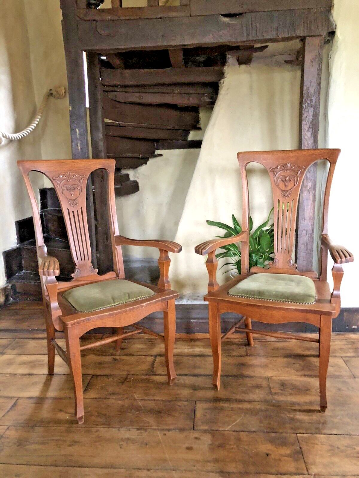 photo vinterior Pair Of  Original Rare Antique Arts And Crafts Green Canadian Elbow Armchair