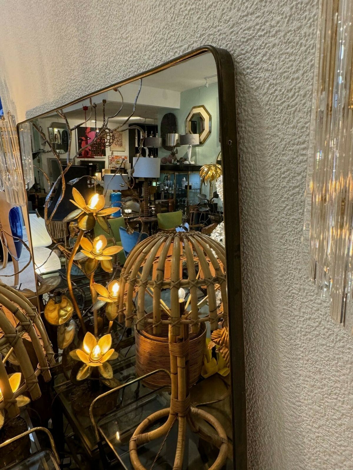 photo for sale A Large Original Italian 1950s Full Length Brass Framed Mirror With Shaped Solid Brass Legs