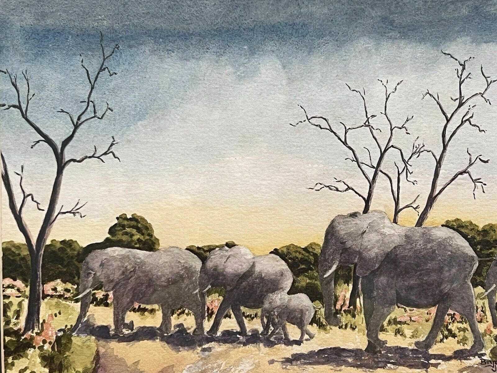 Herd Of Elephants Watercolour By Renowned Artist Brian E Jones photo vintage